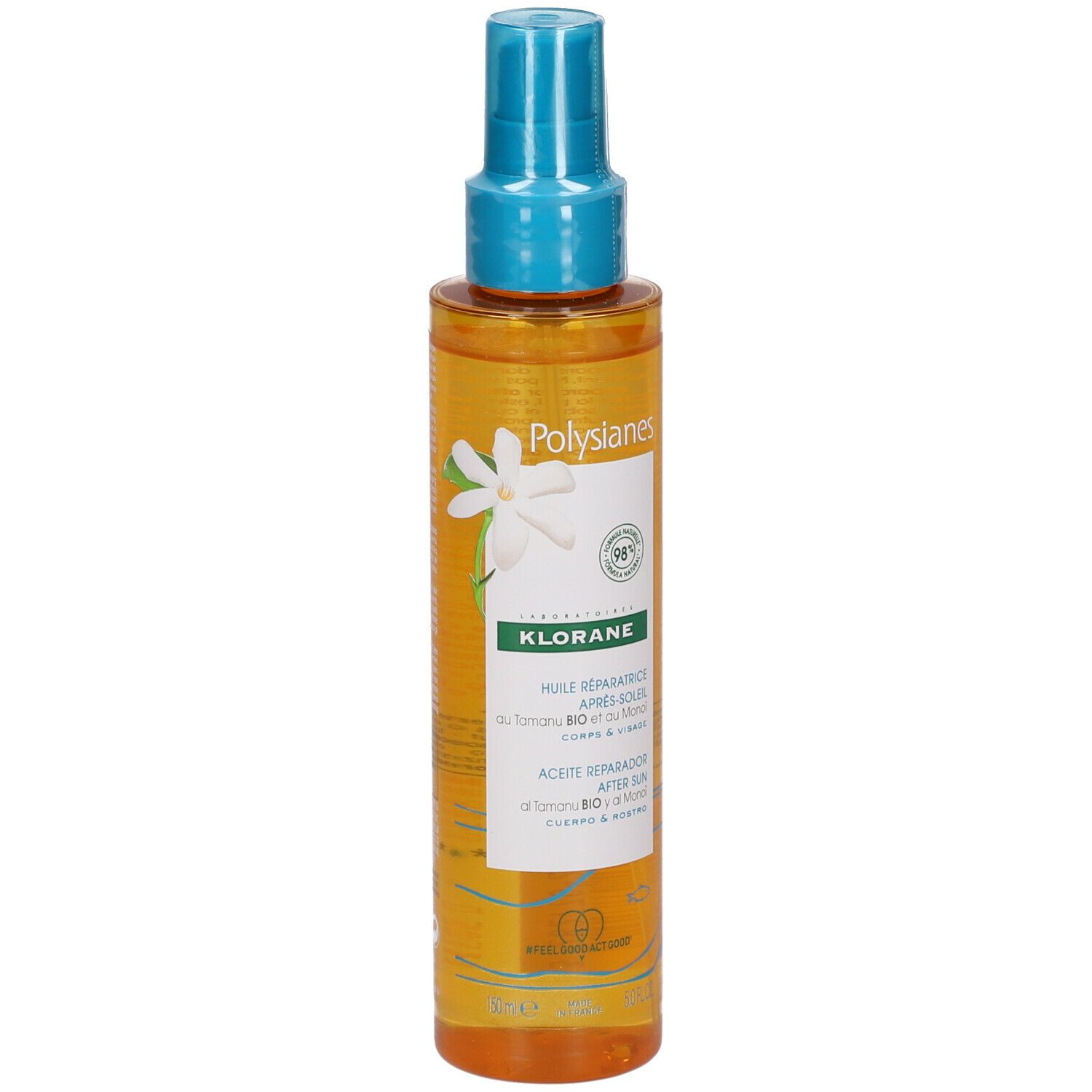 Klorane Polysianes After-Sun Öl. Transparente Flasche mit blauem Sprühkopf. Produktetikett mit Logo und Produktnamen.