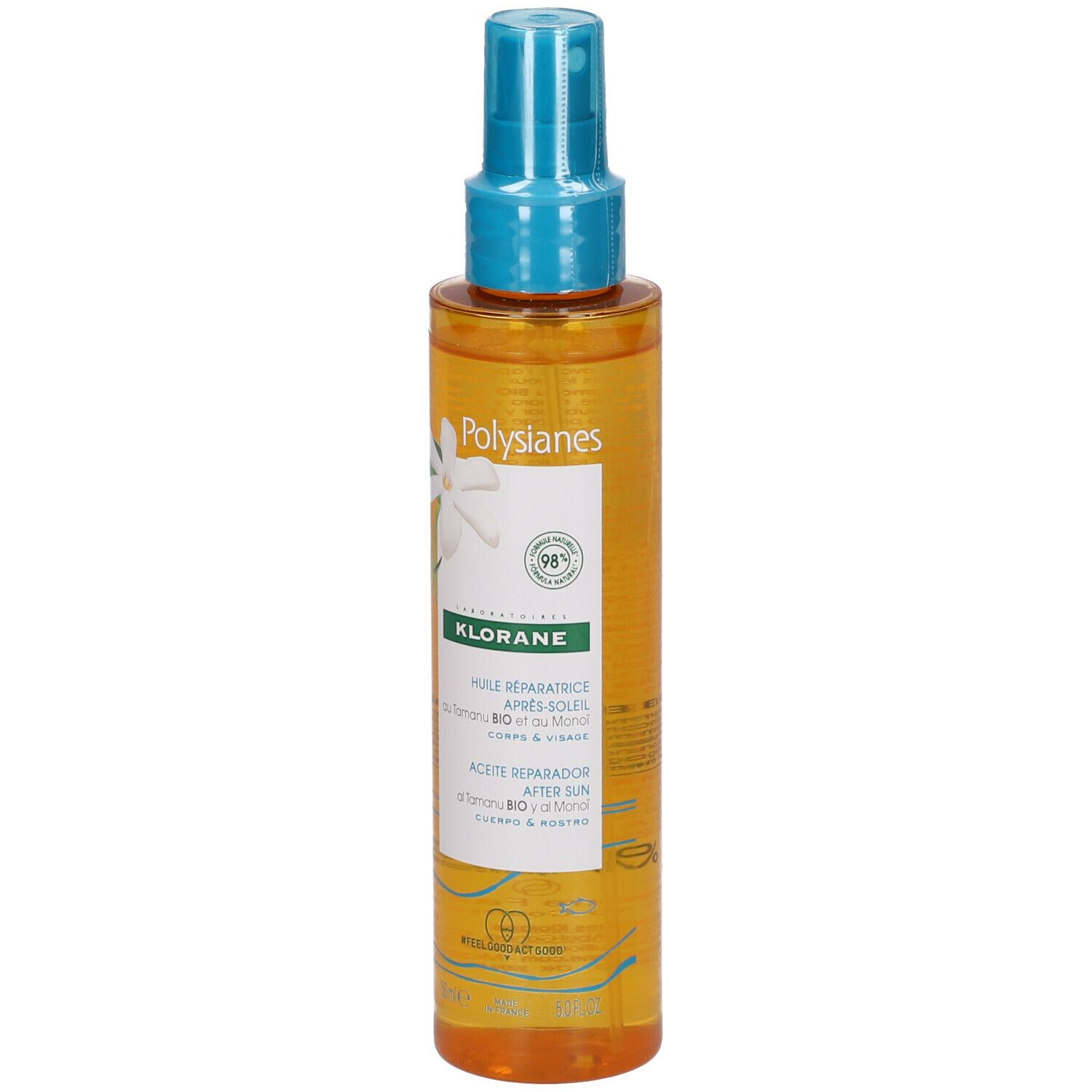 Klorane Polysianes After-Sun Öl. Transparente Flasche mit blauem Sprühkopf. Produktetikett mit Logo und Produktnamen.