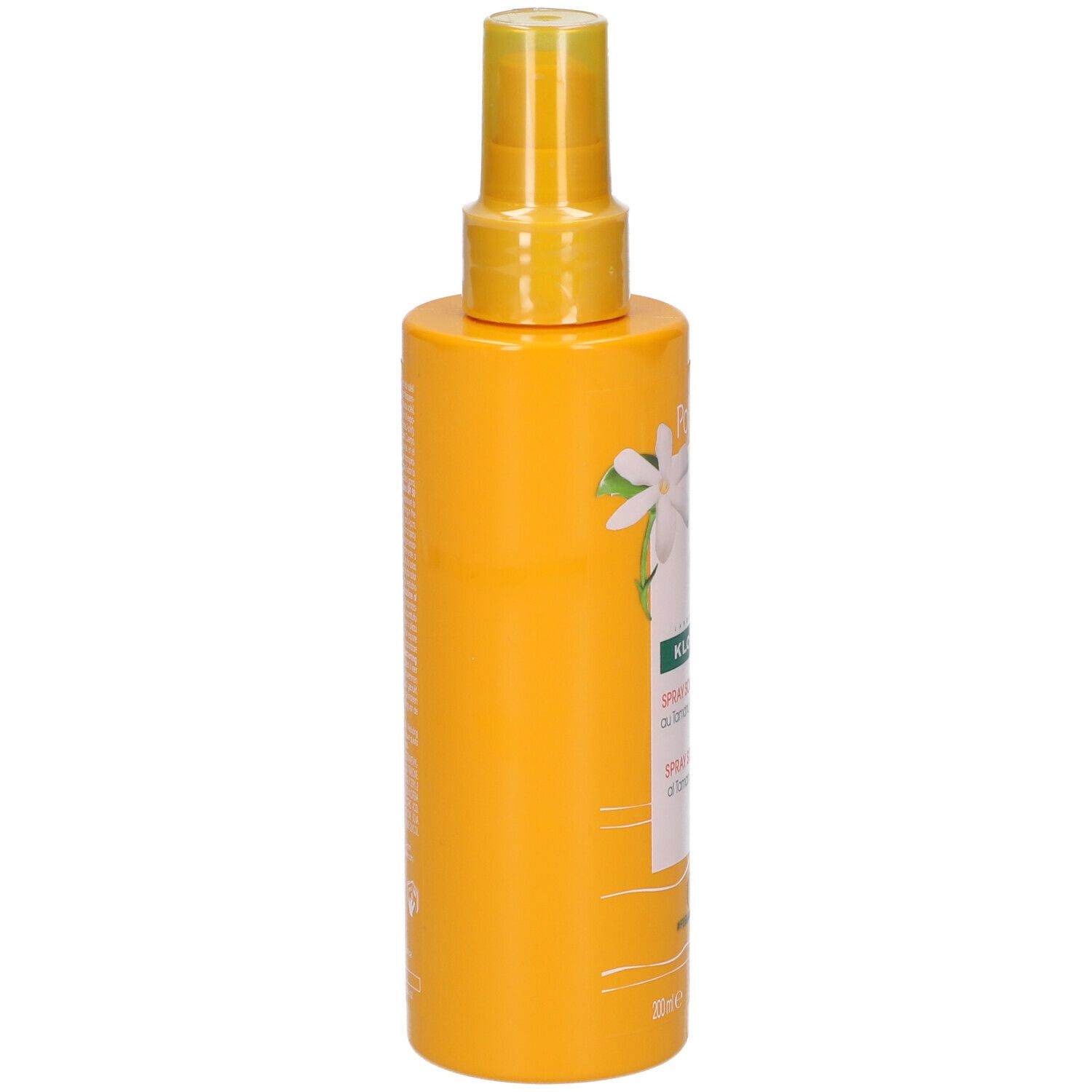 Côté d'un flacon spray jaune avec texte. Inscription: informations sur le produit et ingrédients.