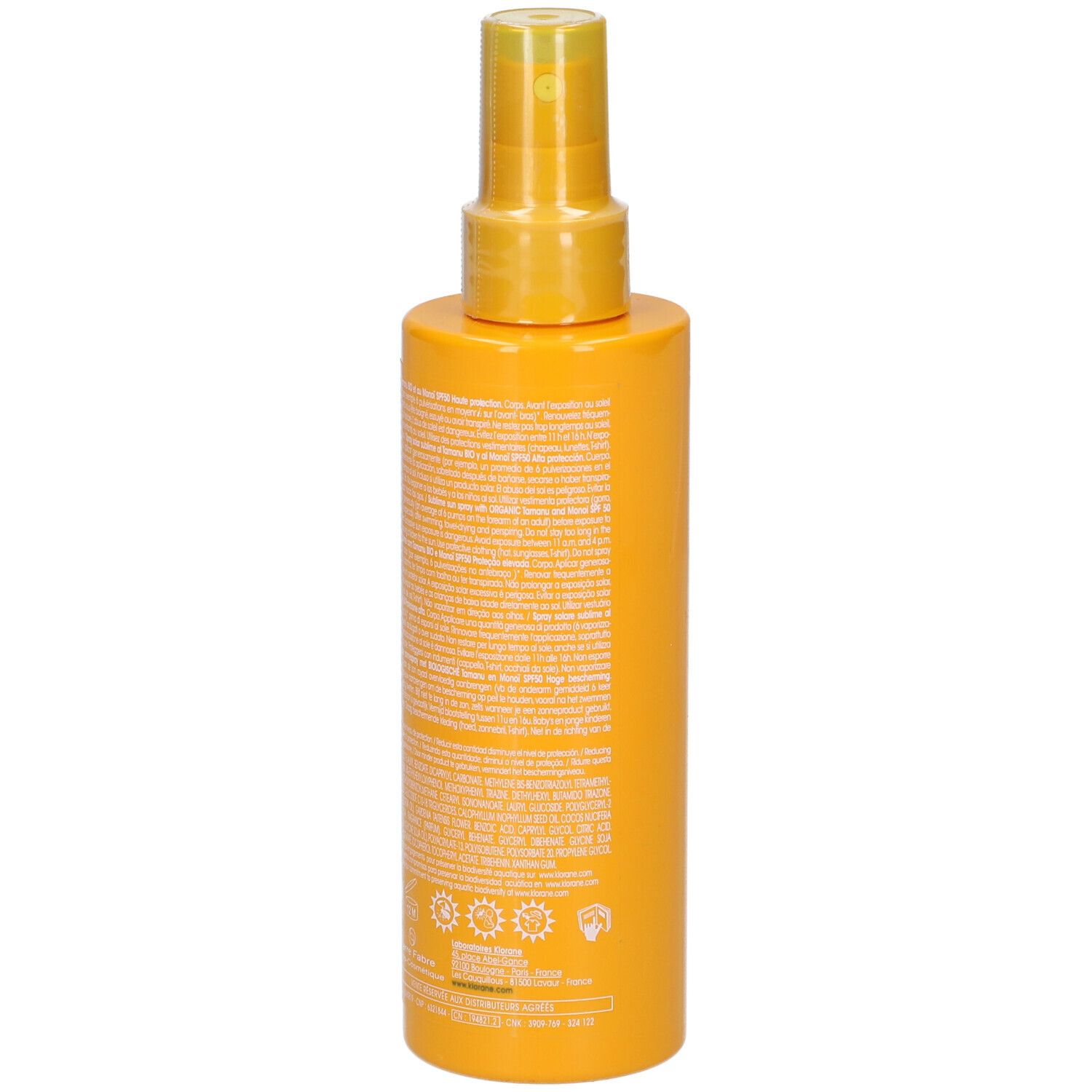 Dos d'un flacon spray jaune avec texte. Inscription: informations sur le produit et ingrédients.