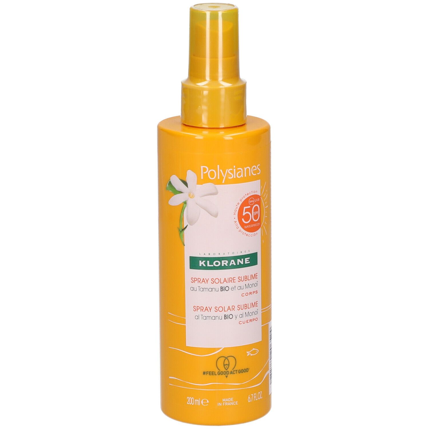 Flacon spray jaune avec protection solaire. Inscription: SPF 50, Spray Solaire Sublime. Au Monoï et Tamanu.