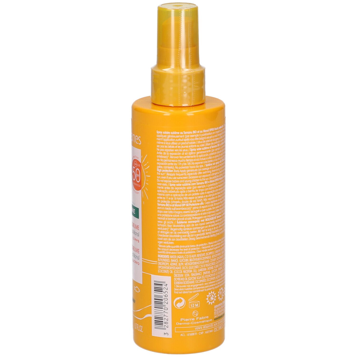 Dos d'un flacon spray jaune avec texte. Inscription: informations sur le produit et ingrédients.