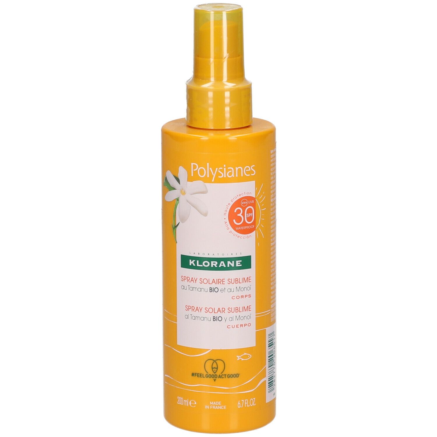 Gelbe Sprayflasche mit Text. SPF 30. Spray Solaire Sublime. Mit Monoi und Tamanu Bio. Für den Körper.