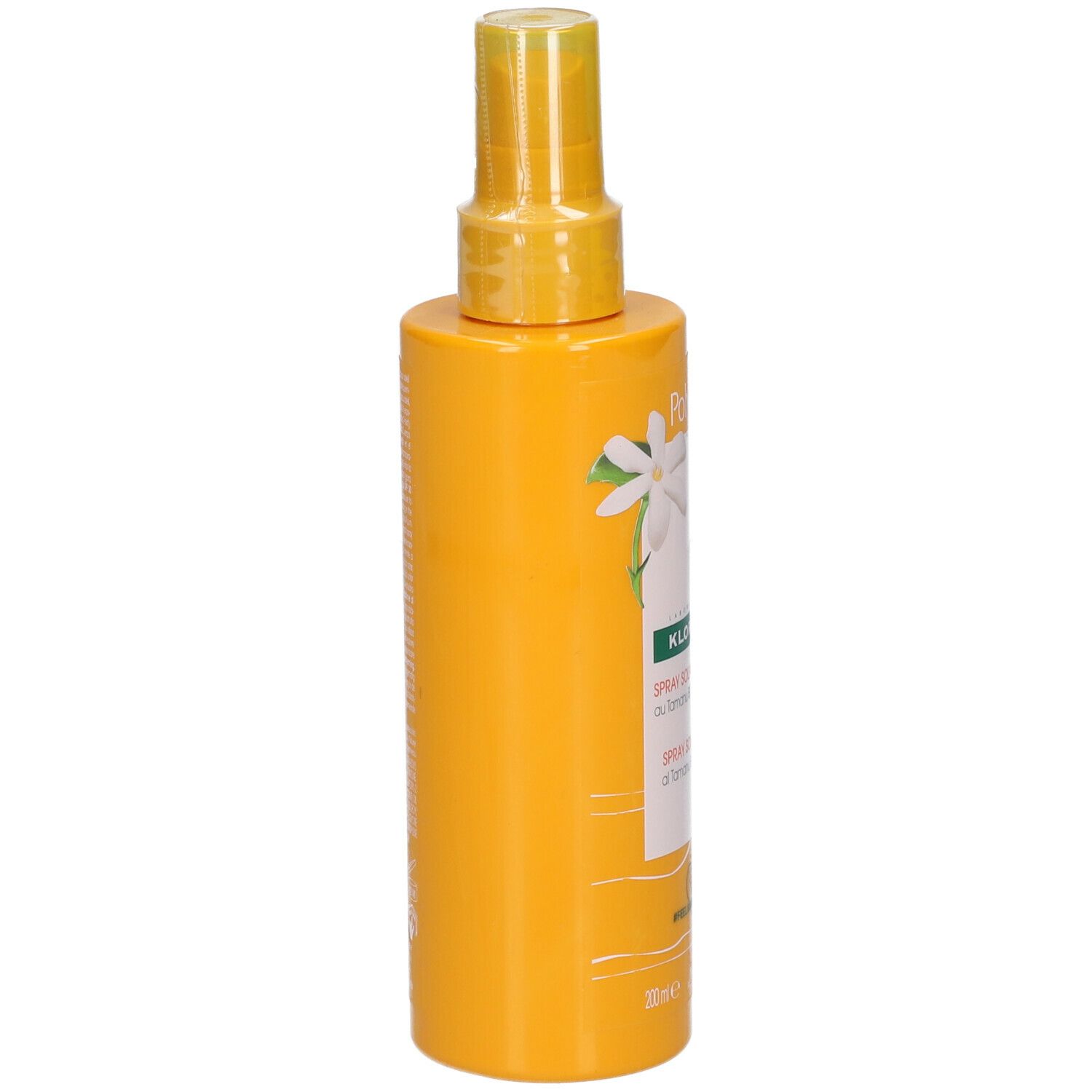 Rückseite einer gelben Sprayflasche. Text in mehreren Sprachen. Enthält Informationen zum Produkt.