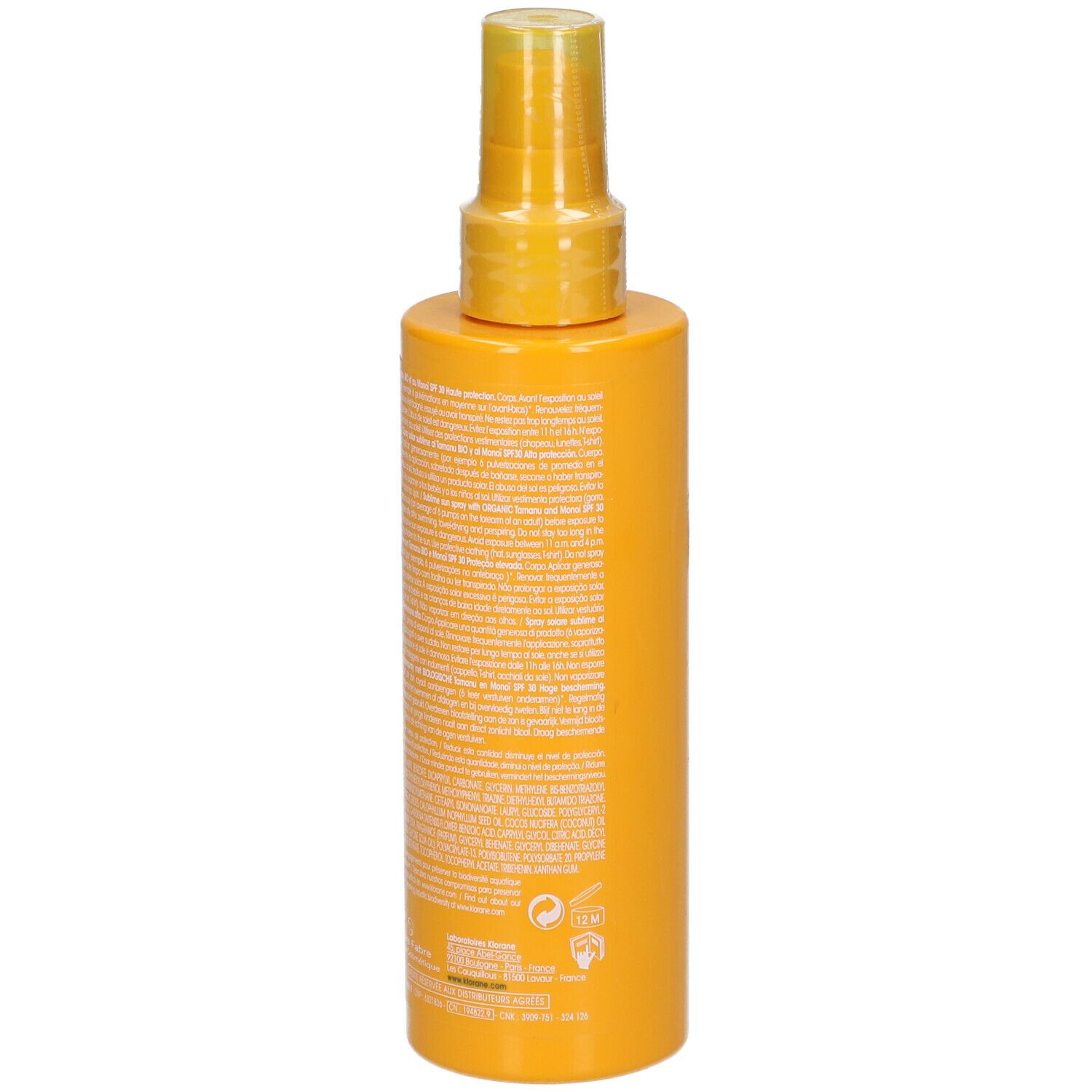 Rückseite einer gelben Sprayflasche. Text in mehreren Sprachen. Enthält Informationen zum Produkt.