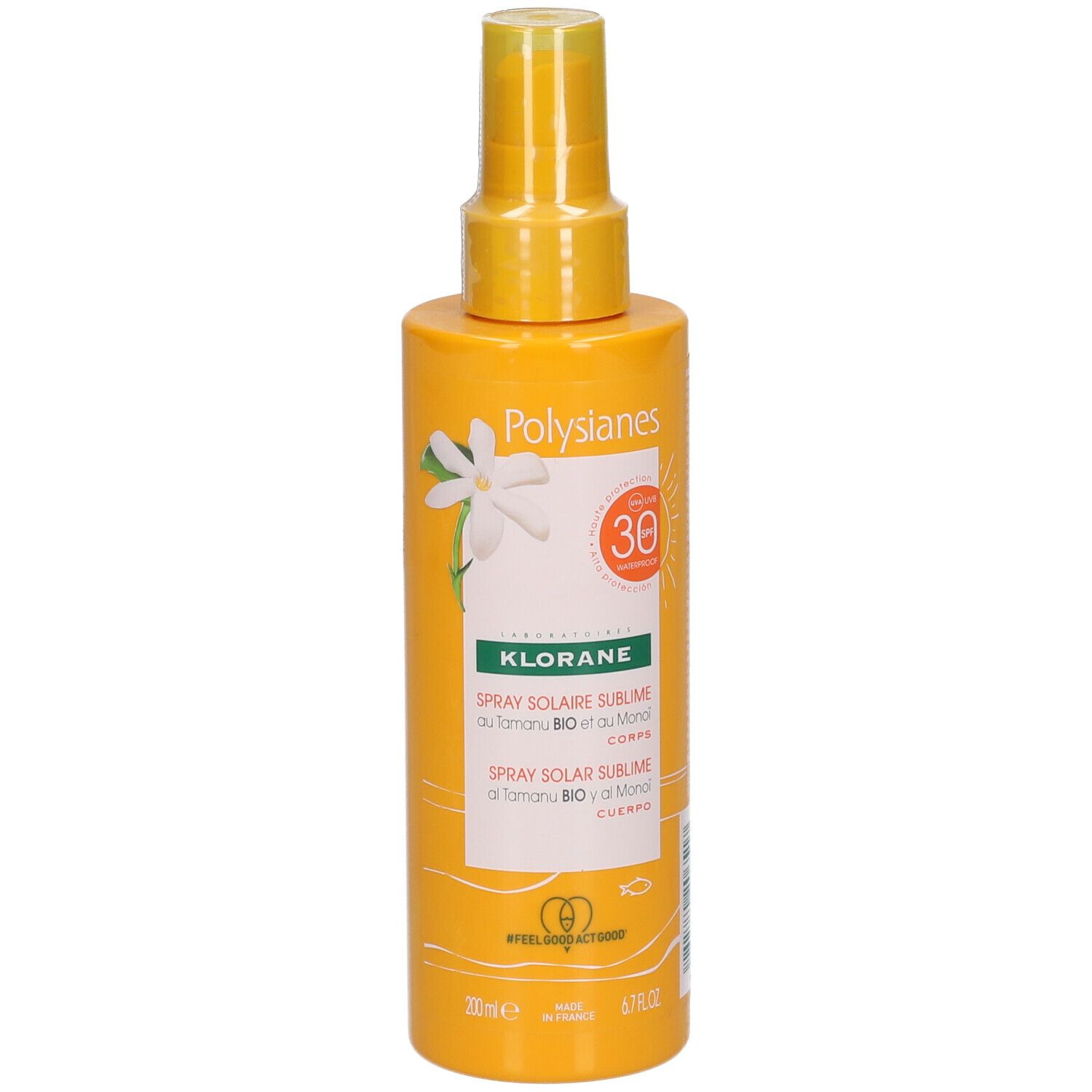 Gelbe Sprayflasche mit Text. SPF 30. Spray Solaire Sublime. Mit Monoi und Tamanu Bio. Für den Körper.