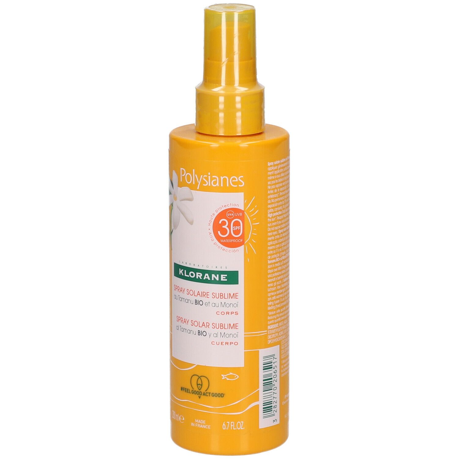 Gelbe Sprayflasche mit Text. SPF 30. Spray Solaire Sublime. Mit Monoi und Tamanu Bio. Für den Körper.