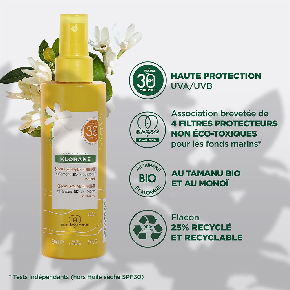 KLORANE Spray Solaire Sublime au Monoï et Tamanu BIO SPF30 Corps