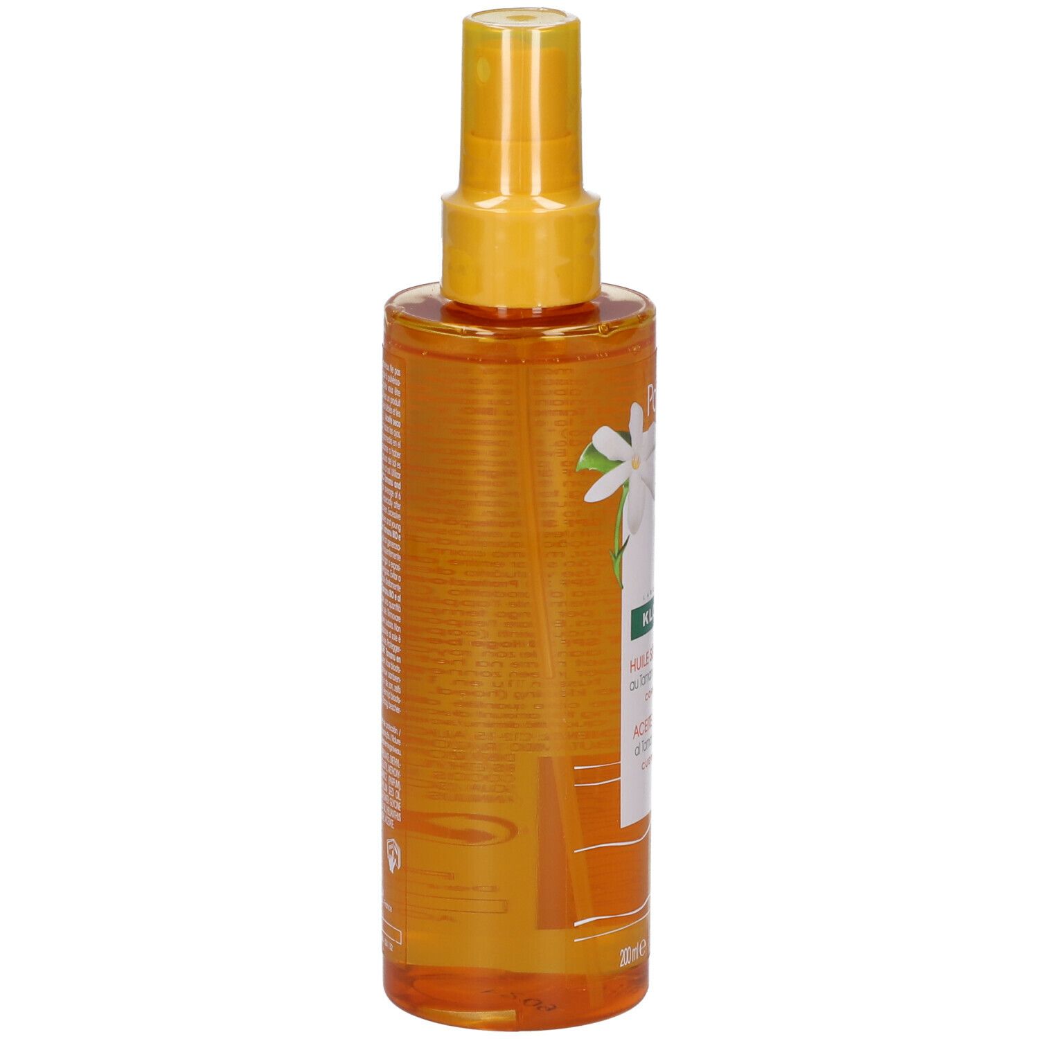 Dos du flacon spray huile. Texte sur l'étiquette. Jaune-orangé. Informations fabricant.