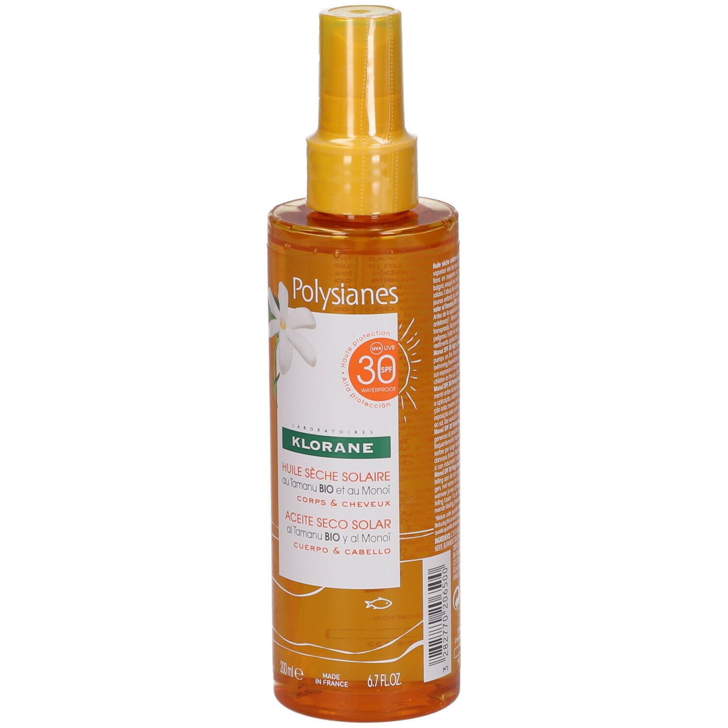 Flacon spray huile sèche corps et cheveux. Jaune-orangé, bouchon jaune. Texte: KLORANE, LSF 30.