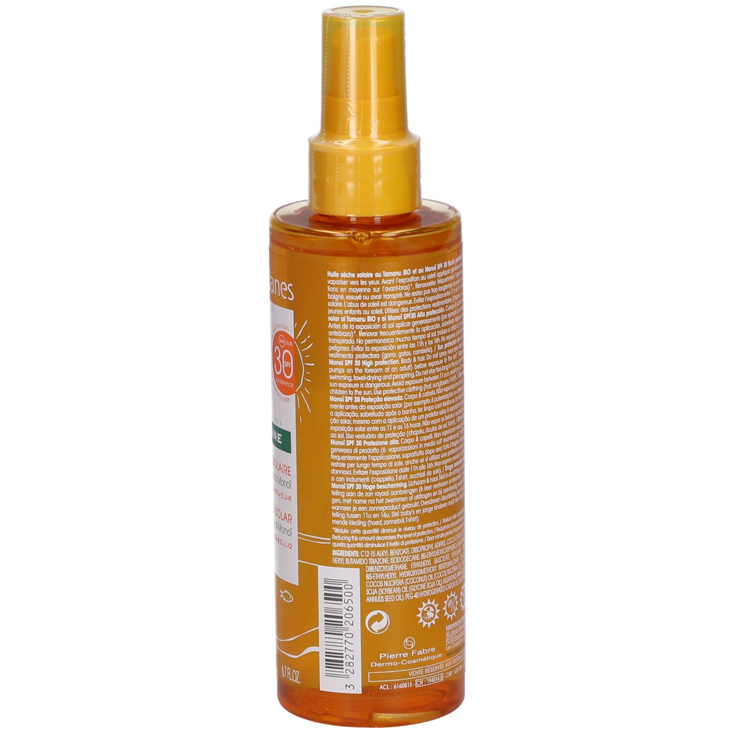 Dos du flacon spray huile. Texte sur l'étiquette. Jaune-orangé. Informations fabricant.