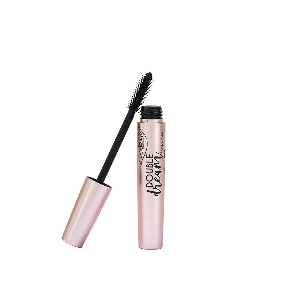 Flacon de mascara avec brosse ouverte. Récipient rose doré, brosse noire. Inscription: Double Dream Mascara.