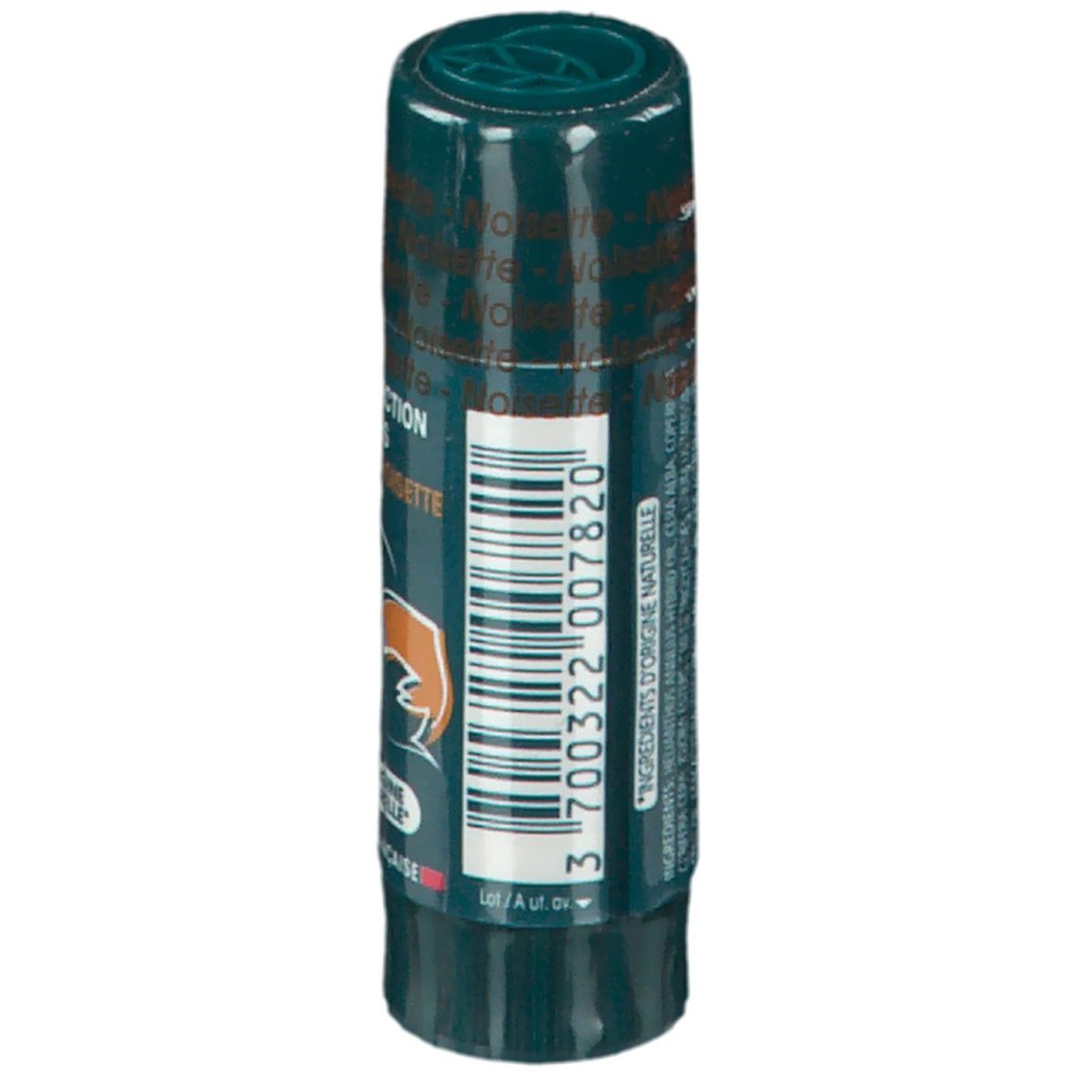 Dermophil Lippenpflegestift. Grüne Verpackung. Rückseite mit Text und Barcode. Inhaltsstoffe und Ursprung. Hergestellt in Frankreich.