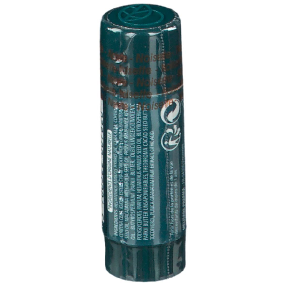 Dermophil Lippenpflegestift. Grüne Verpackung. Rückseite mit Text. Inhaltsstoffe und Warnhinweise. Hergestellt in Frankreich.