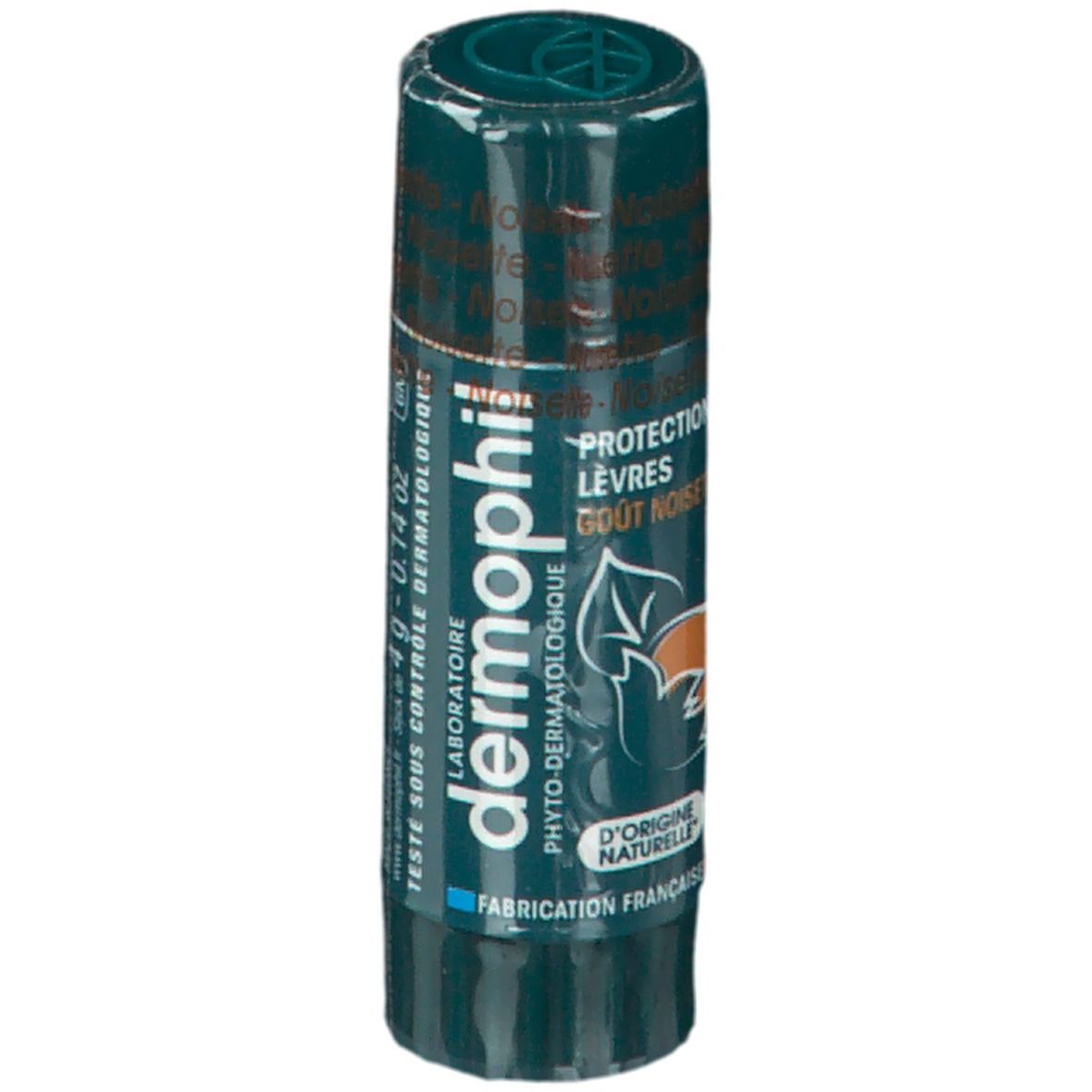 Dermophil Lippenpflegestift. Grüne Verpackung. Text: Protection Lèvres, Gout Noisette. Logo: Blatt mit Nuss. 4g. Hergestellt in Frankreich.