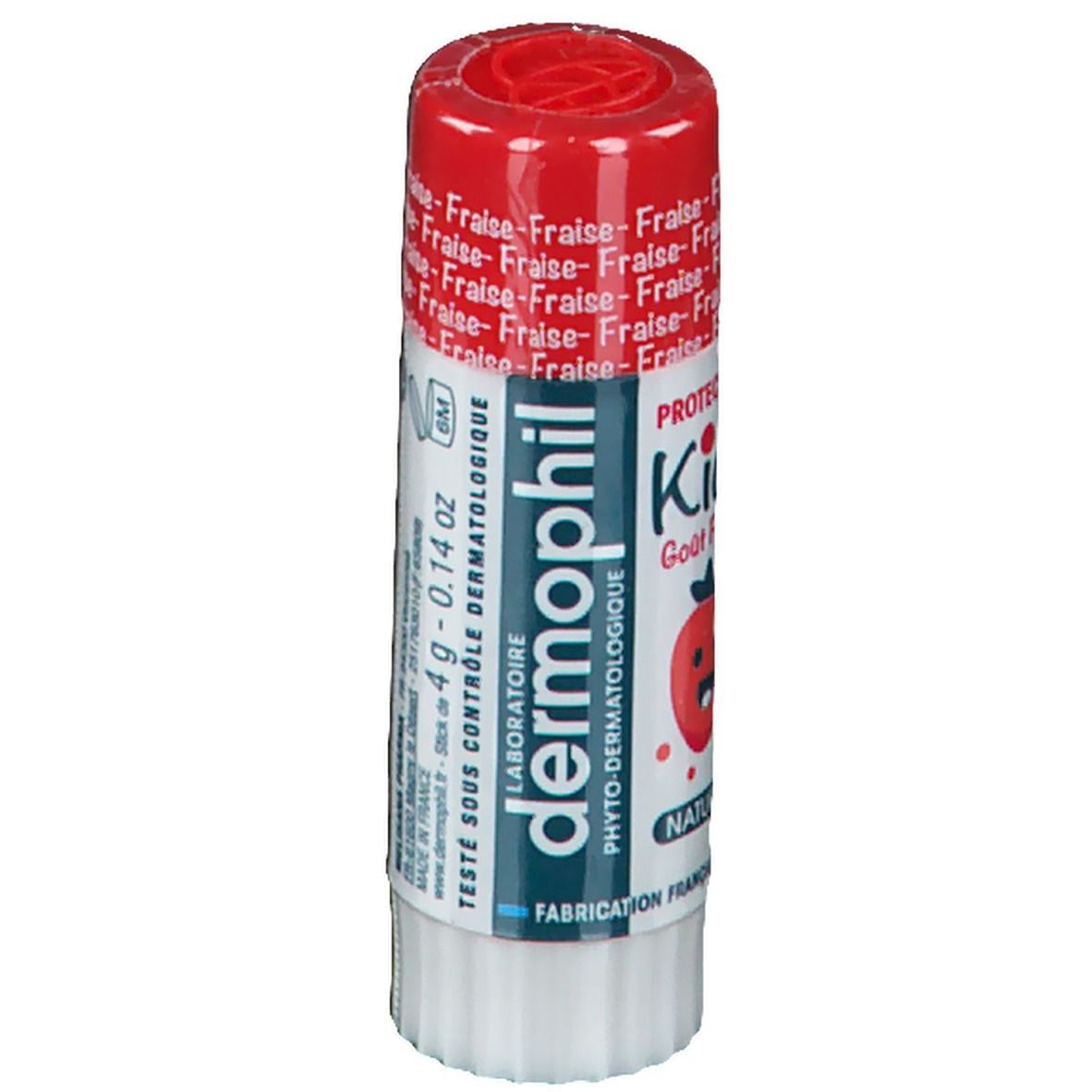 Lippenpflegestift dermophil® Kids Erdbeere. Roter Deckel, weißer Stift. Aufschrift: Fraise, Kids, 4g - 0.14 oz.