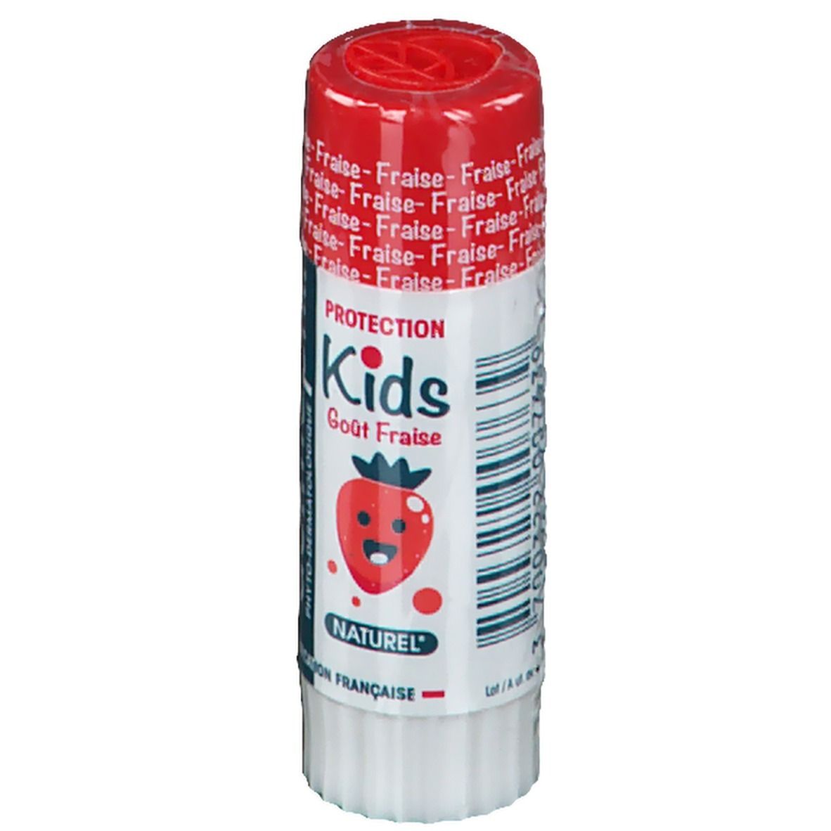 Lippenpflegestift dermophil® Kids Erdbeere. Roter Deckel, weißer Stift. Aufschrift: Fraise, Kids, 4g - 0.14 oz.