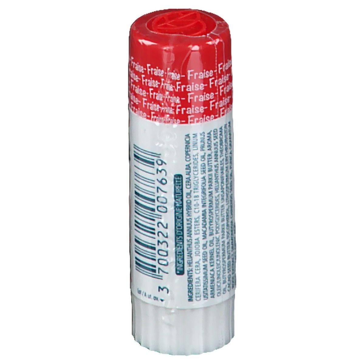 Lippenpflegestift dermophil® Kids Erdbeere. Roter Deckel, weißer Stift. Aufschrift: Fraise, Kids, 4g - 0.14 oz.