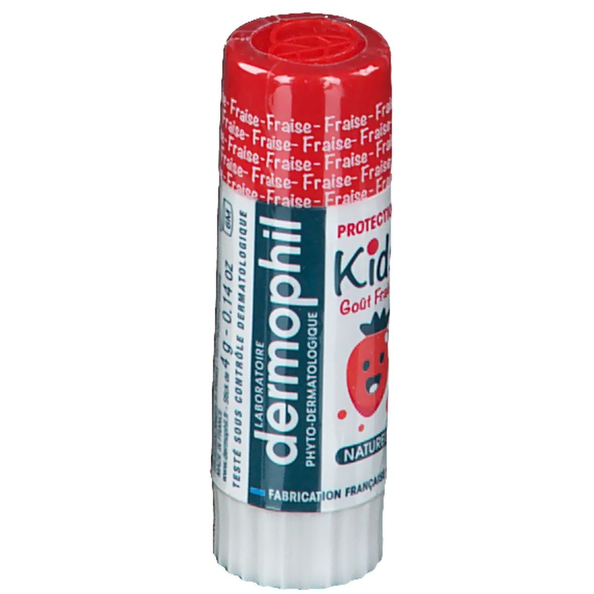 Lippenpflegestift dermophil® Kids Erdbeere. Roter Deckel, weißer Stift. Aufschrift: Fraise, Kids, 4g - 0.14 oz.