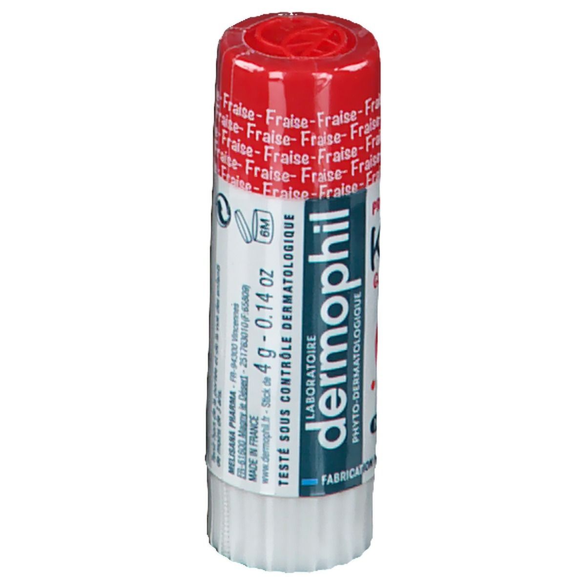 Lippenpflegestift dermophil® Kids Erdbeere. Roter Deckel, weißer Stift. Aufschrift: Fraise, Kids, 4g - 0.14 oz.