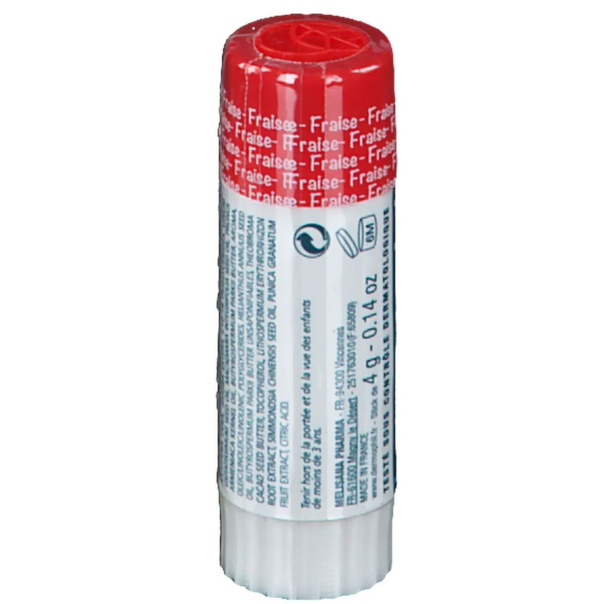 Lippenpflegestift dermophil® Kids Erdbeere. Roter Deckel, weißer Stift. Aufschrift: Fraise, Kids, 4g - 0.14 oz.