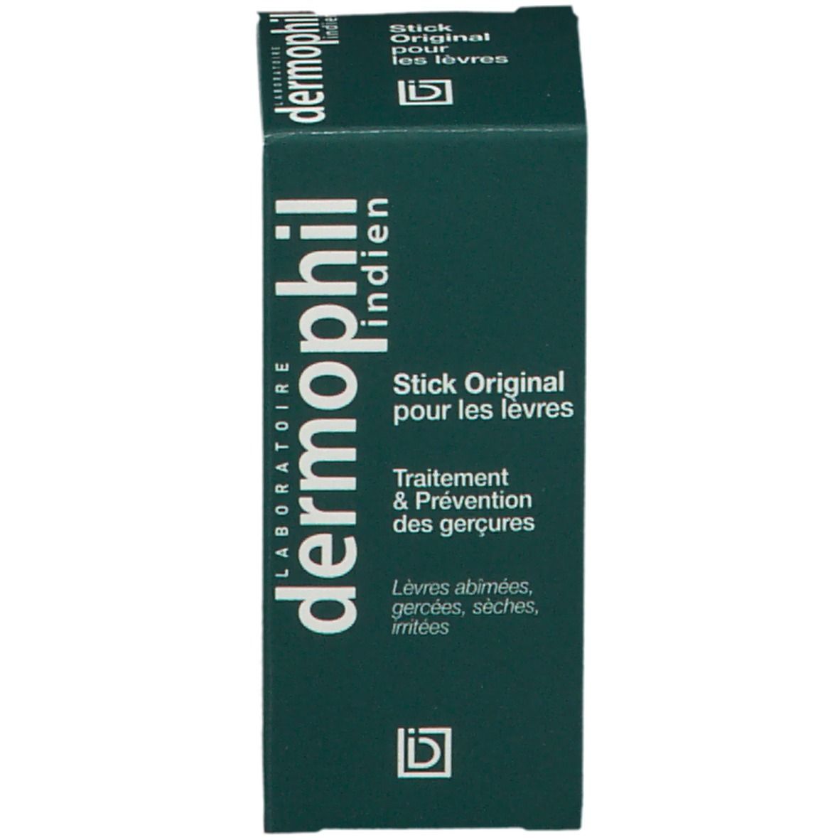 Verpackung. Text: dermophil indien, Stick Original pour les lèvres. Behandlung & Vorbeugung von rissigen Lippen. Lèvres abîmées, gercées, sèches, irritées.