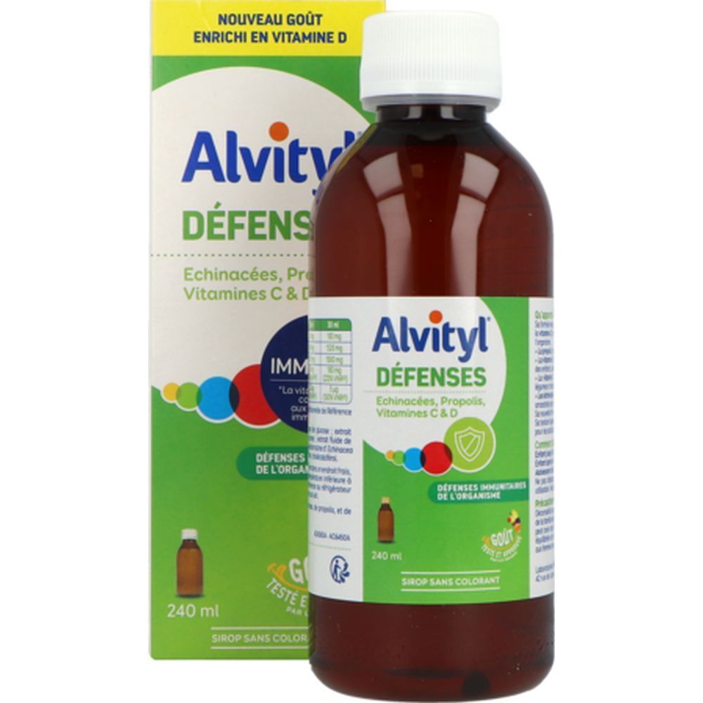 Alvityl Défenses Sirop-Flasche und -Verpackung. Braune Flasche mit weißem Deckel. Enthält Echinacea, Propolis, Vitamine C & D.