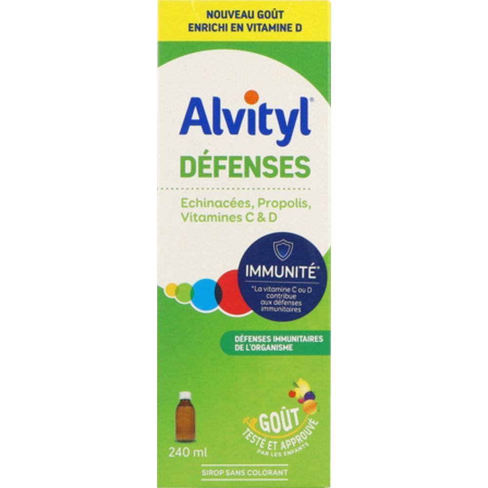 Alvityl Défenses Sirop-Verpackung. Enthält Echinacea, Propolis, Vitamine C & D. Grüne und weiße Verpackung.