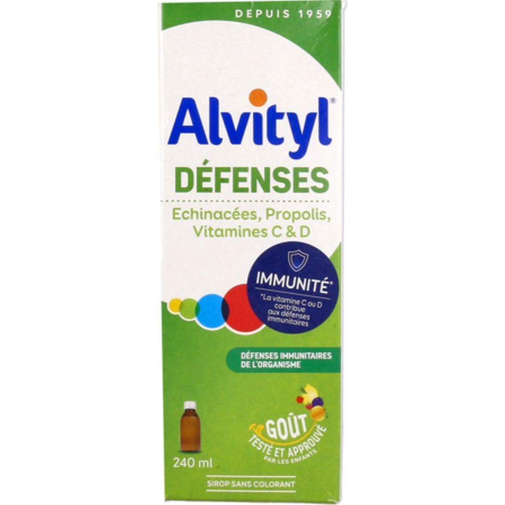 Alvityl Défenses Sirop-Verpackung. Enthält Echinacea, Propolis, Vitamine C & D. Grüne und weiße Verpackung.