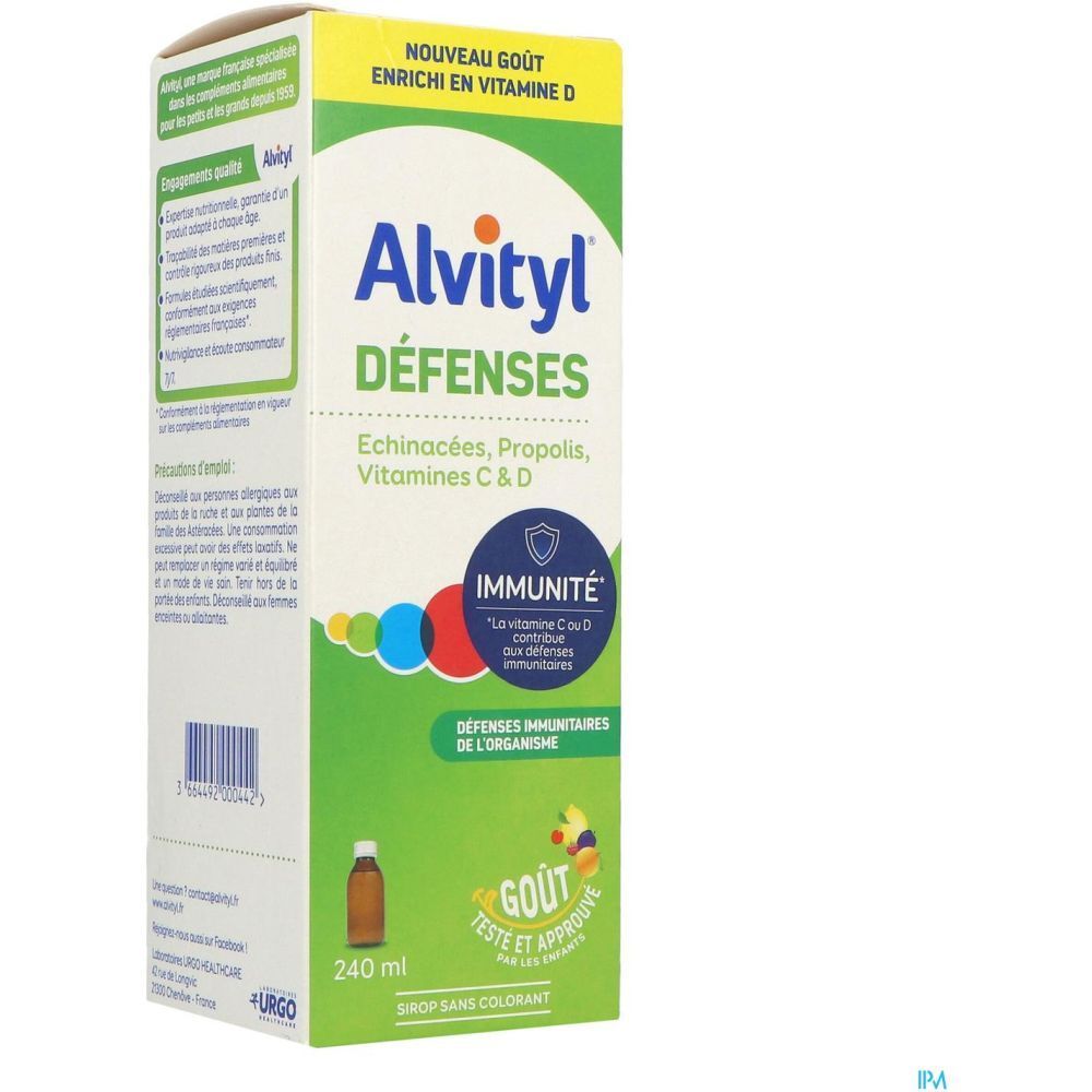 Alvityl Défenses Sirop-Verpackung. Enthält Echinacea, Propolis, Vitamine C & D. Grüne und weiße Verpackung.