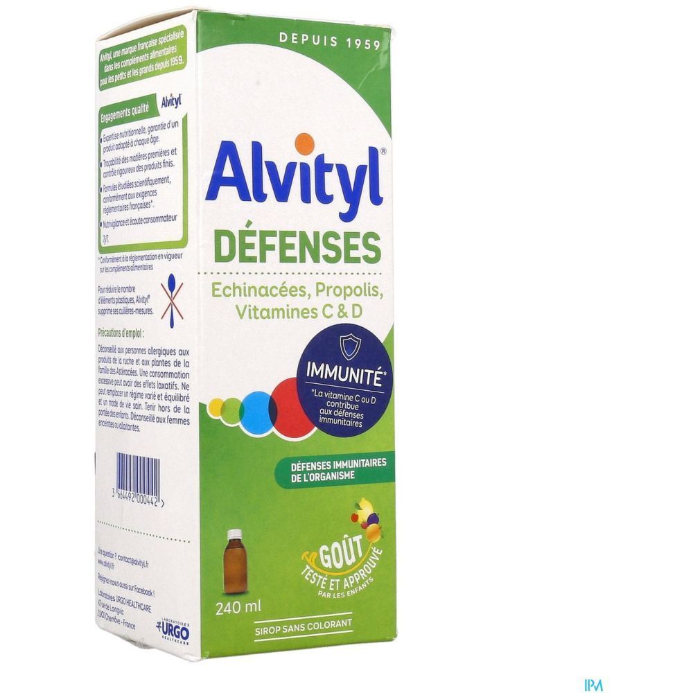 Alvityl Défenses Sirop-Verpackung. Enthält Echinacea, Propolis, Vitamine C & D. Grüne und weiße Verpackung.