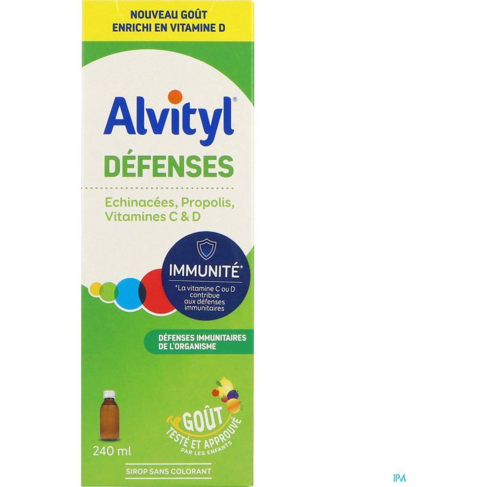 Alvityl Défenses Sirop-Verpackung. Enthält Echinacea, Propolis, Vitamine C & D. Grüne und weiße Verpackung.