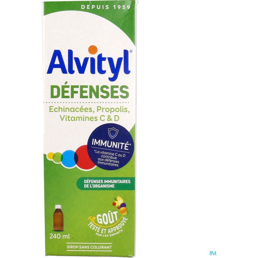 Alvityl Défenses Sirop-Verpackung. Enthält Echinacea, Propolis, Vitamine C & D. Grüne und weiße Verpackung.