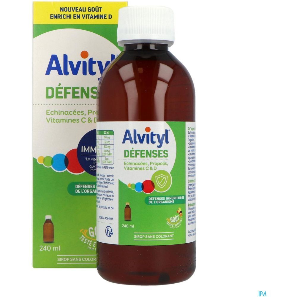 Alvityl Défenses Sirop-Flasche und -Verpackung. Braune Flasche mit weißem Deckel. Enthält Echinacea, Propolis, Vitamine C & D.