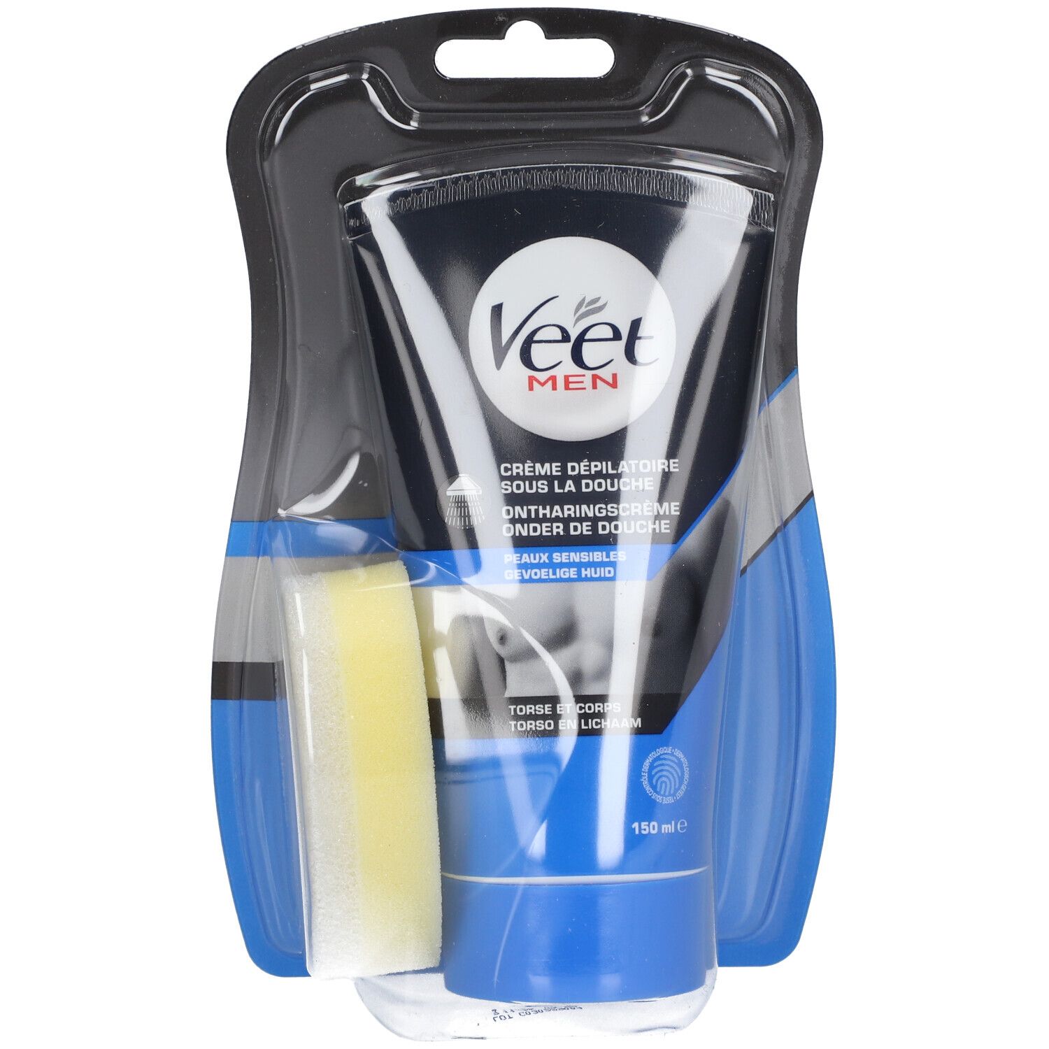 Veet Men Crème dépilatoire sous la douche. Schwarze Tube mit Schwamm in Blisterverpackung. Enthält 150 ml.