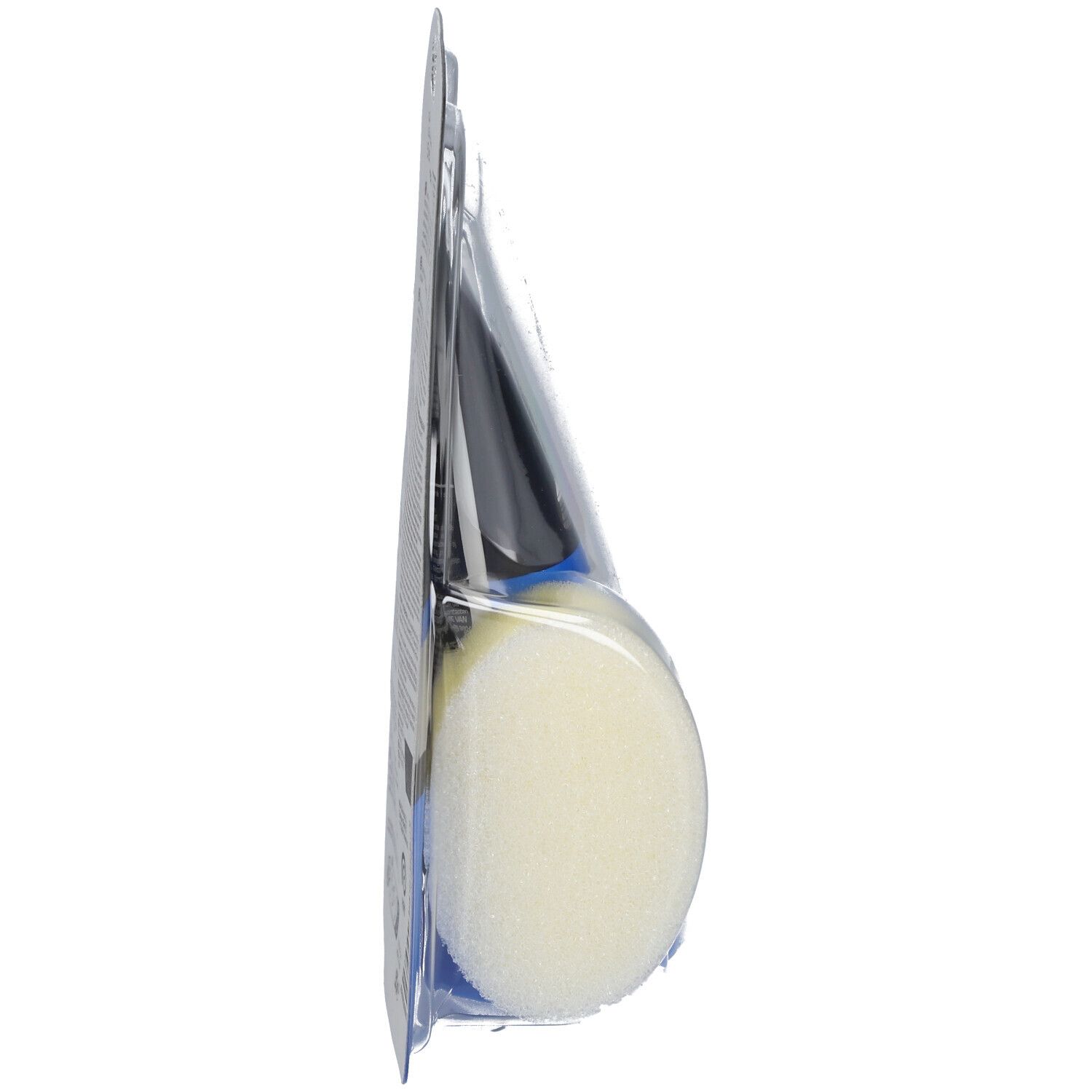 Seitenansicht der Blisterverpackung mit Veet Men Crème dépilatoire sous la douche. Schwamm und Tube sichtbar.