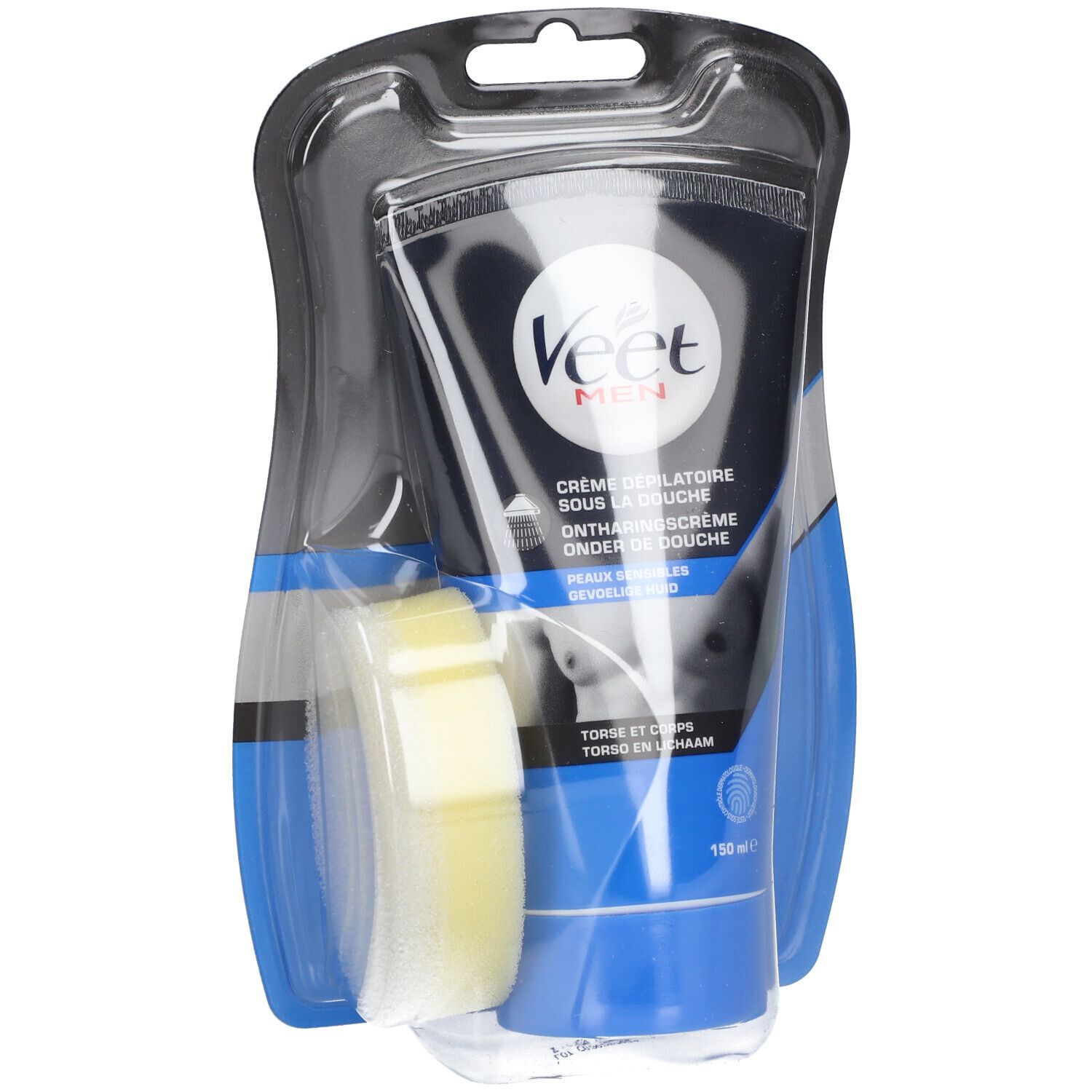 Veet Men Crème dépilatoire sous la douche. Schwarze Tube mit Schwamm in Blisterverpackung. Enthält 150 ml.
