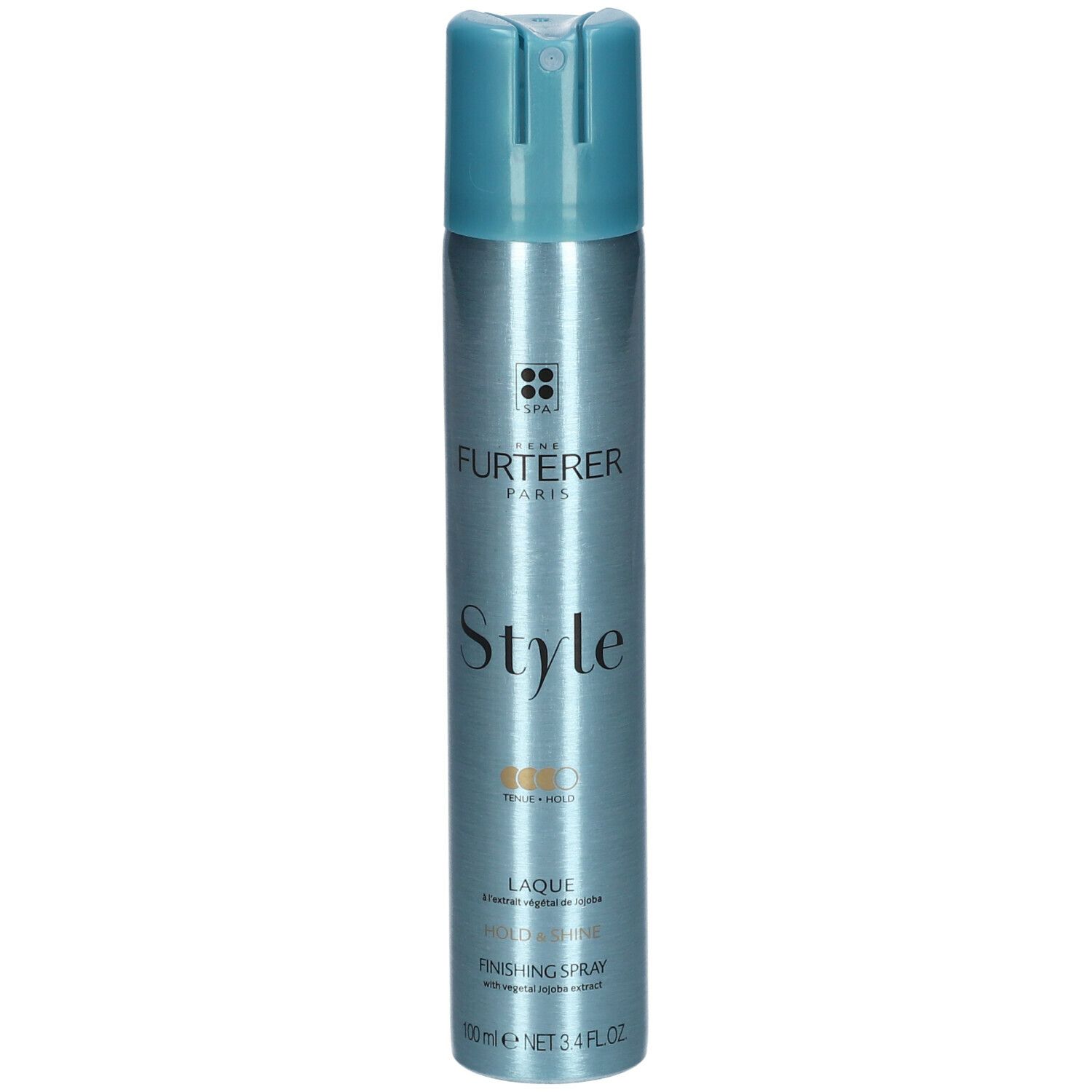Flacon cylindrique avec tête de pulvérisation bleue. Inscriptions: FURTERER PARIS, Style, Laque, Finishing Spray. 100 ml.