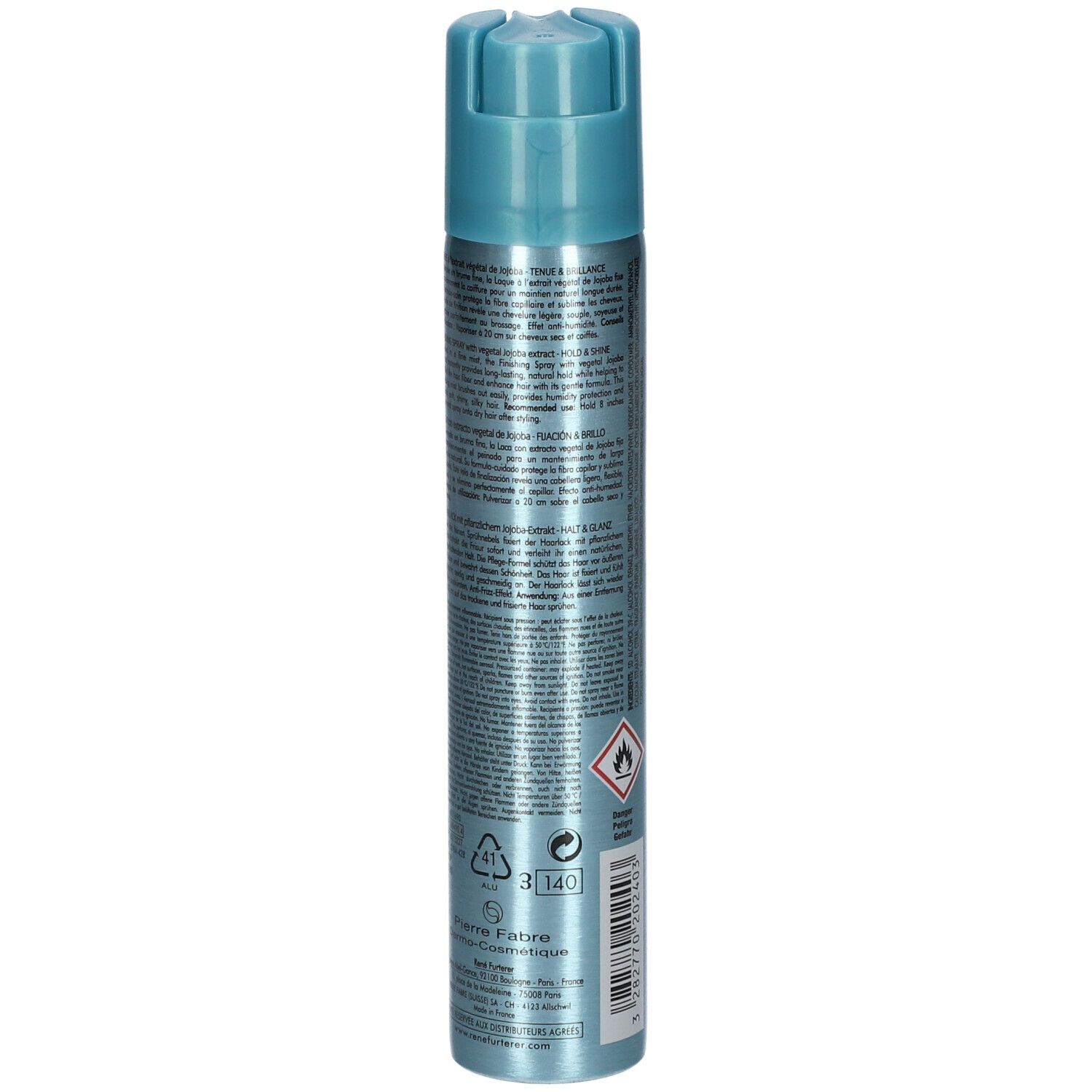 Flacon cylindrique avec tête de pulvérisation bleue. Dos avec texte et symboles. Contient 100 ml.