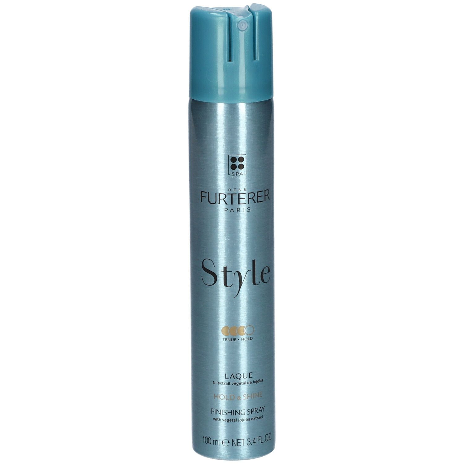 Flacon cylindrique avec tête de pulvérisation bleue. Inscriptions: FURTERER PARIS, Style, Laque, Finishing Spray. 100 ml.