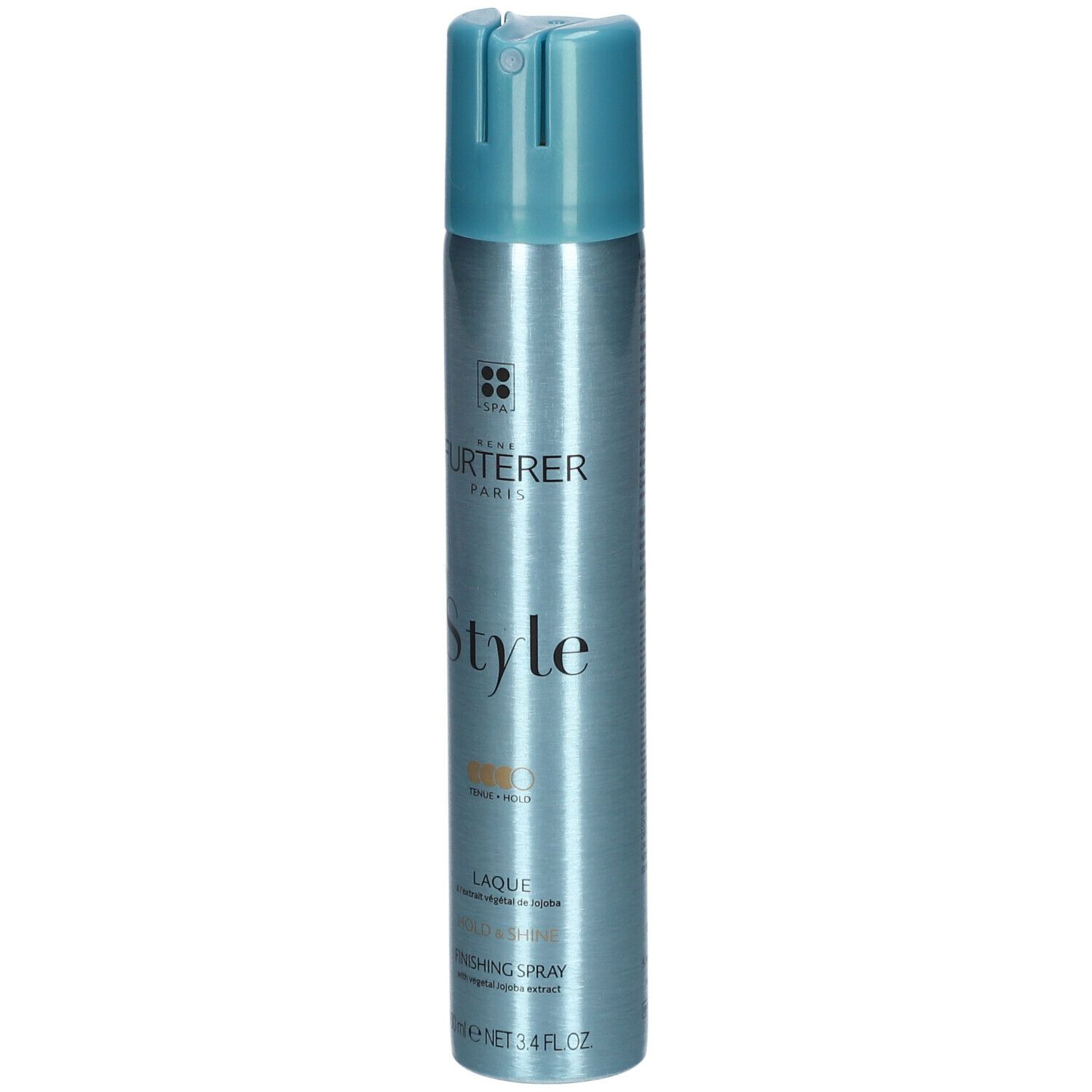 Flacon cylindrique avec tête de pulvérisation bleue. Inscriptions: FURTERER PARIS, Style, Laque, Finishing Spray. 100 ml.
