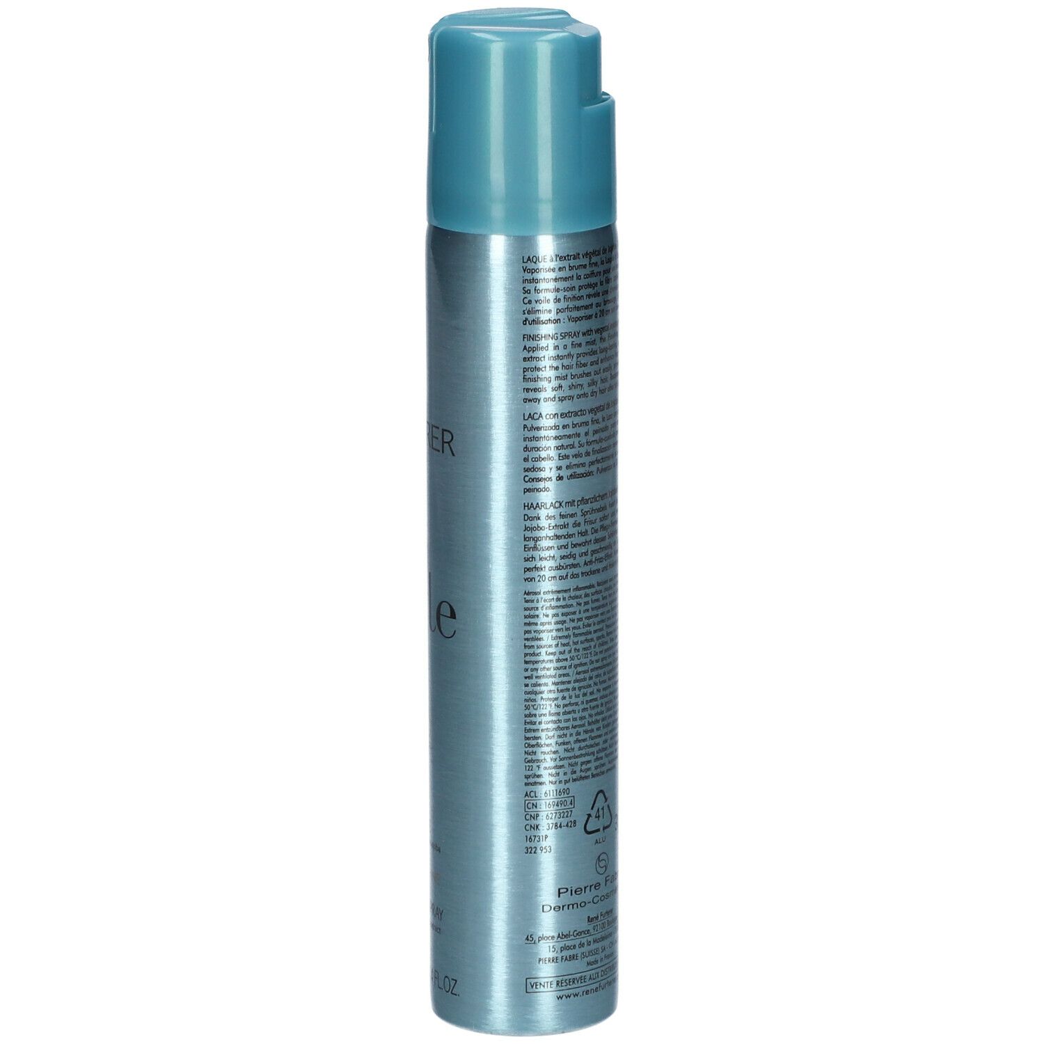 Flacon cylindrique avec tête de pulvérisation bleue. Dos avec texte et symboles. Contient 100 ml.