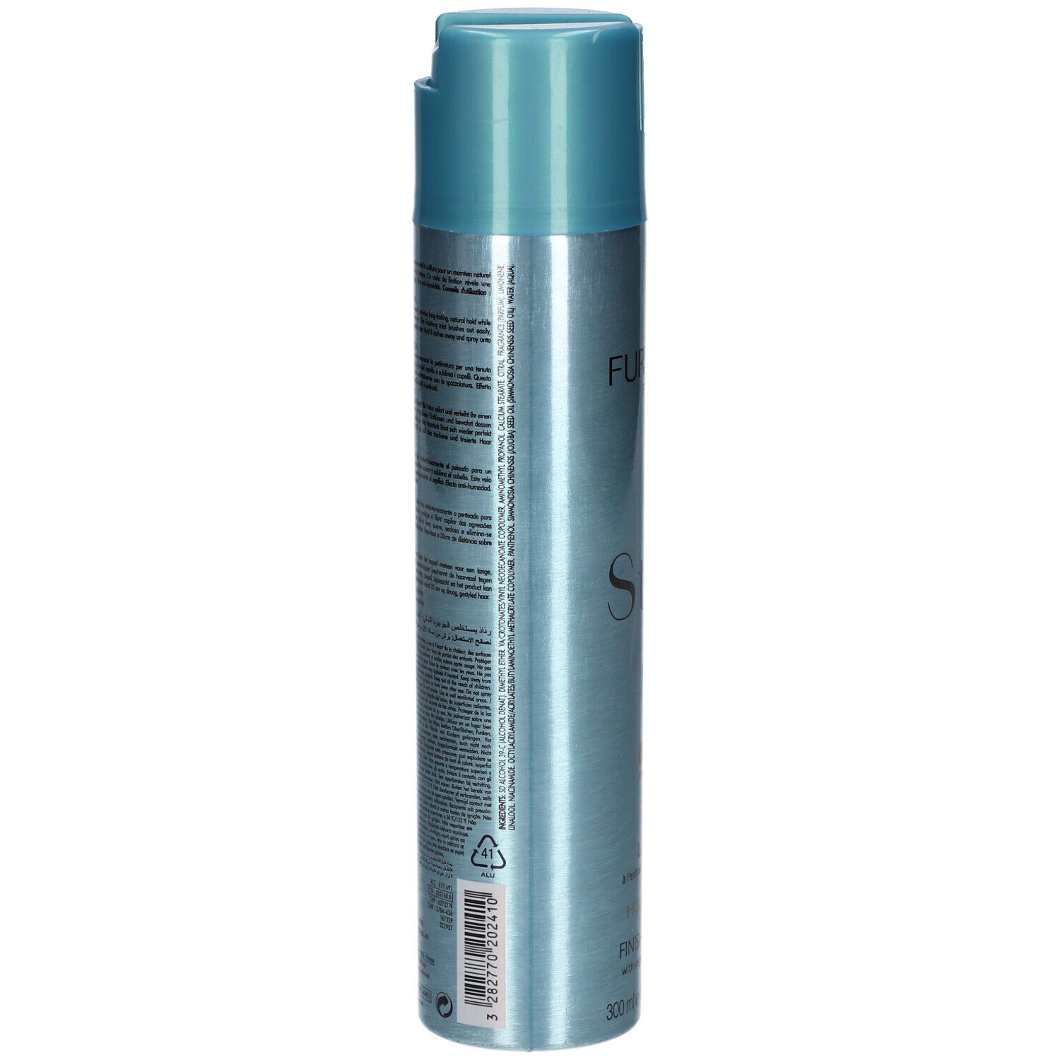 Haarspray-Dose, blau-silberfarben. Rückseite mit Text. 300ml, 10.1 FL.OZ. Mit Recycling-Symbol.