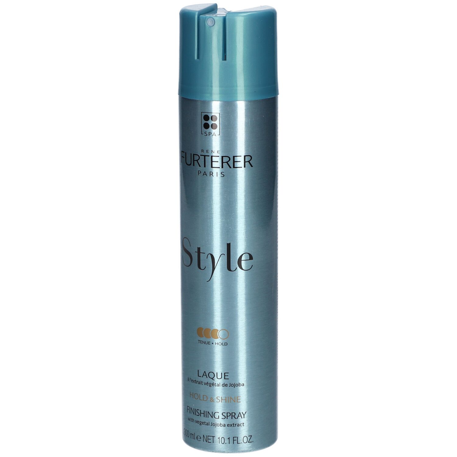 Haarspray-Dose, blau-silberfarben. Aufschrift: RENE FURTERER PARIS, Style, Laque, Finishing Spray. 300ml, 10.1 FL.OZ.