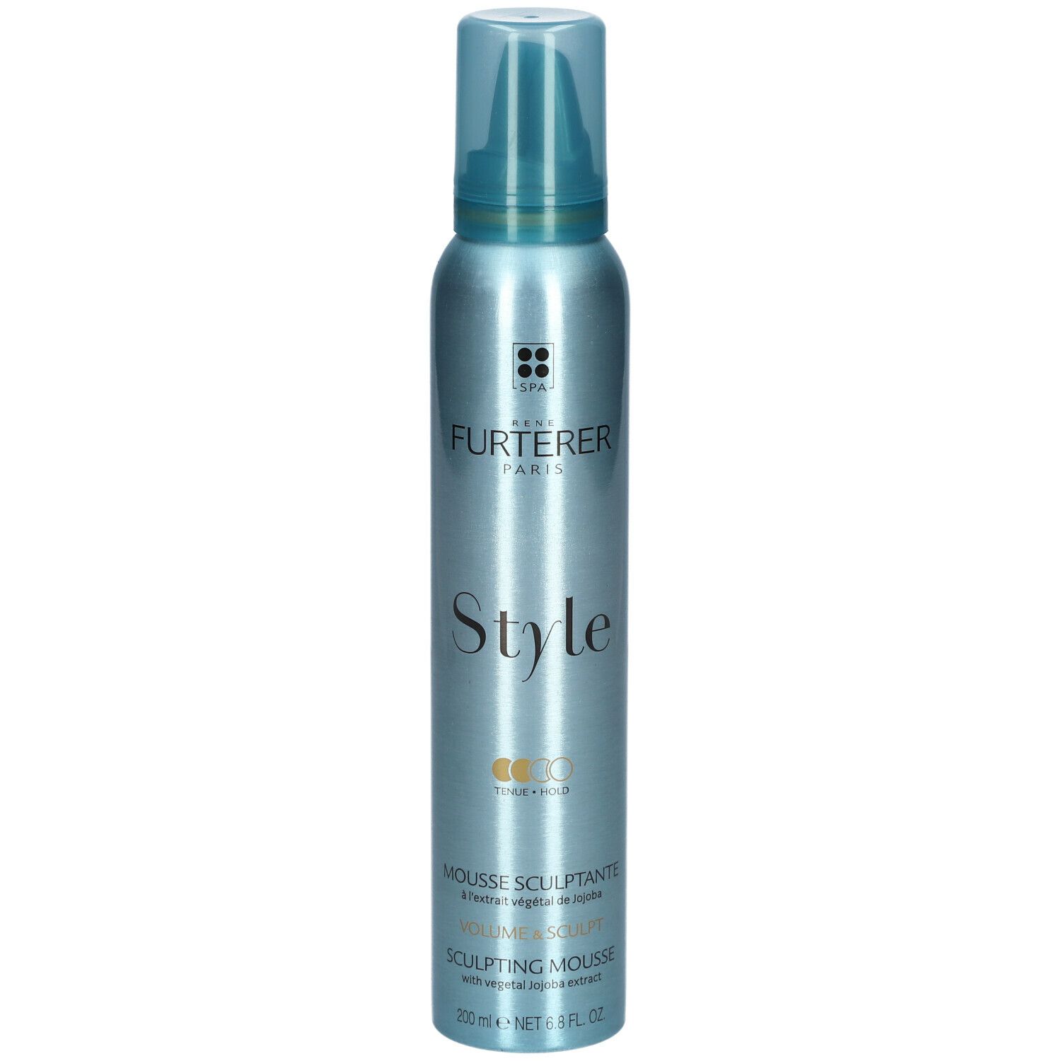 Blau-silberne Flasche mit Sprühkopf. Aufschrift: René Furterer, Style, Mousse Sculptante, 200 ml.