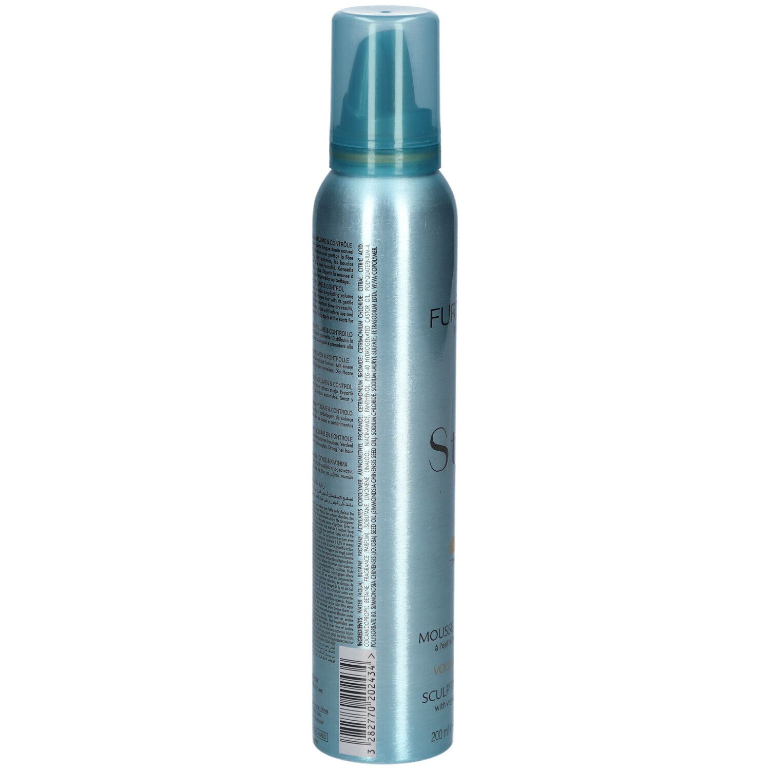 Blau-silberne Flasche mit Sprühkopf. Rückseite mit Text. Marke: René Furterer.
