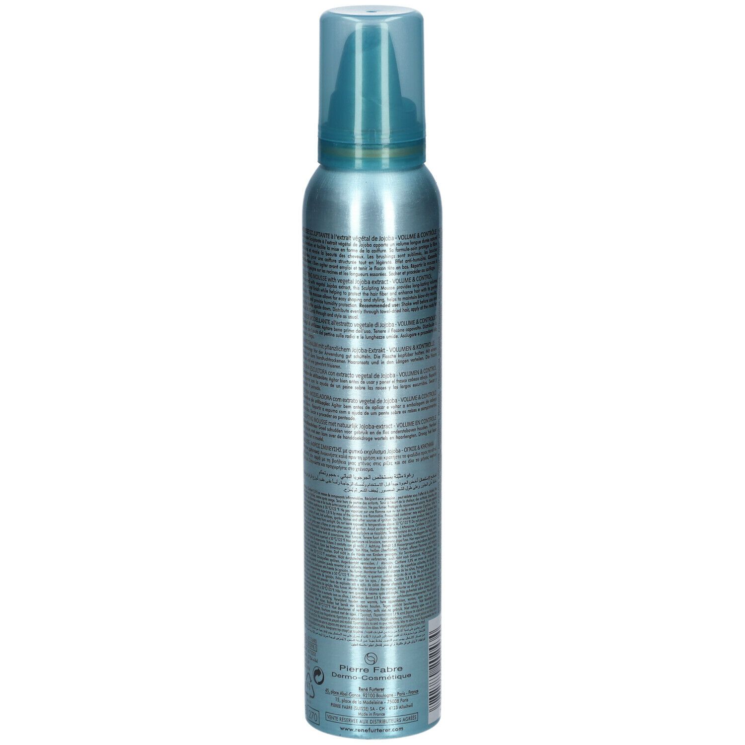 Blau-silberne Flasche mit Sprühkopf. Rückseite mit Text. Marke: René Furterer.