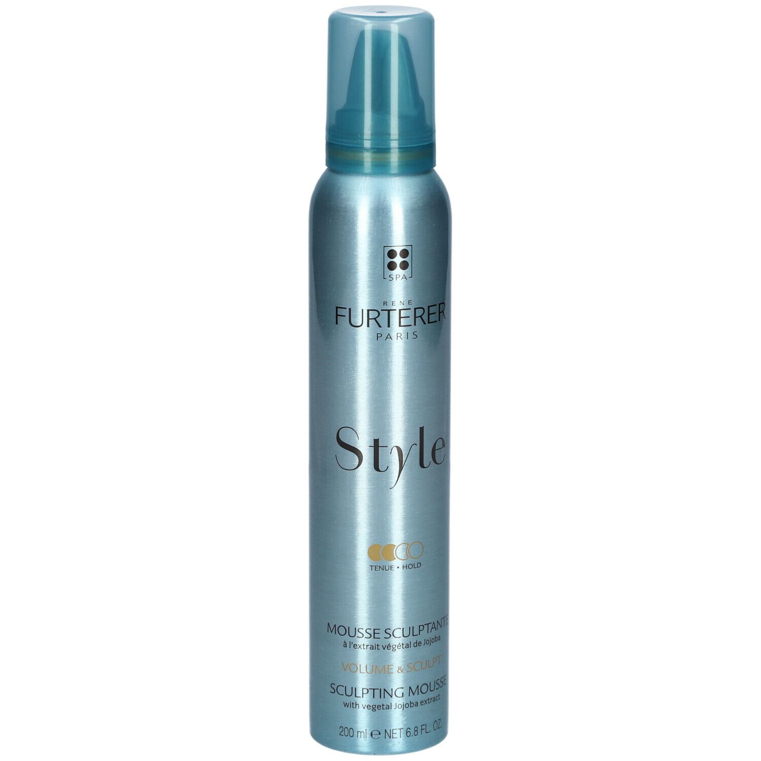 Blau-silberne Flasche mit Sprühkopf. Aufschrift: René Furterer, Style, Mousse Sculptante, 200 ml.