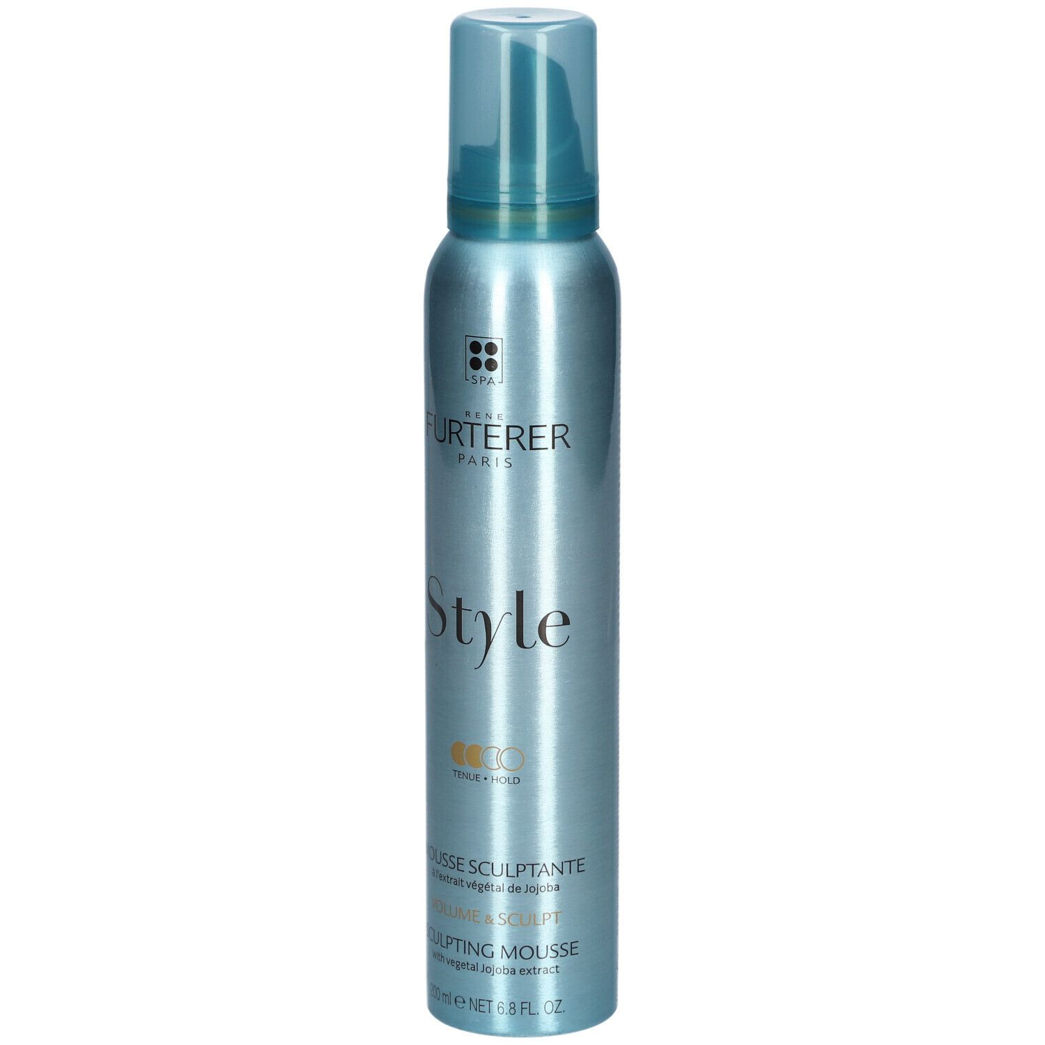 Blau-silberne Flasche mit Sprühkopf. Aufschrift: René Furterer, Style, Mousse Sculptante, 200 ml.