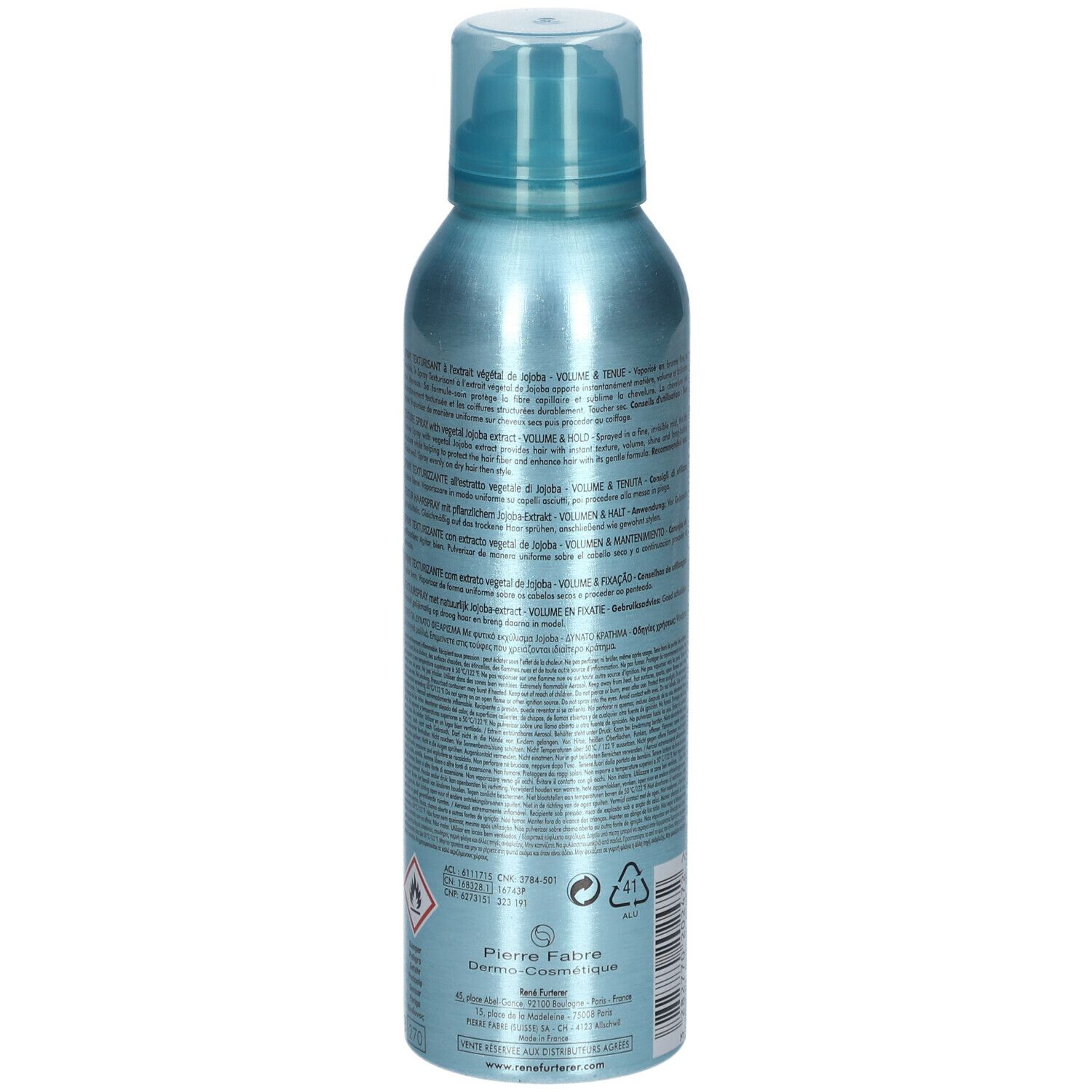 Flacon spray bleu clair avec tête de pulvérisation. Inscription: René Furterer, Style, spray texturisant, Volume & Hold.